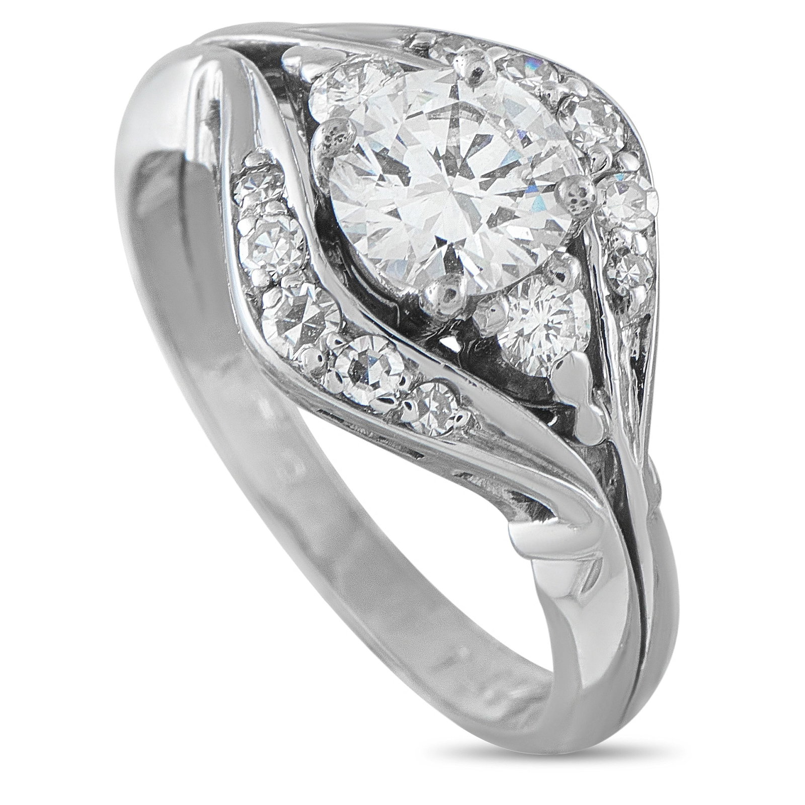 14K White Gold 0.95ct Diamond Ring: A graceful bypass ring in 14K white gold, centering a round brilliant diamond of approximately 0.75 ct nestled between sweeping wave-shaped shoulders set with round accent diamonds totaling 0.20 ct. T