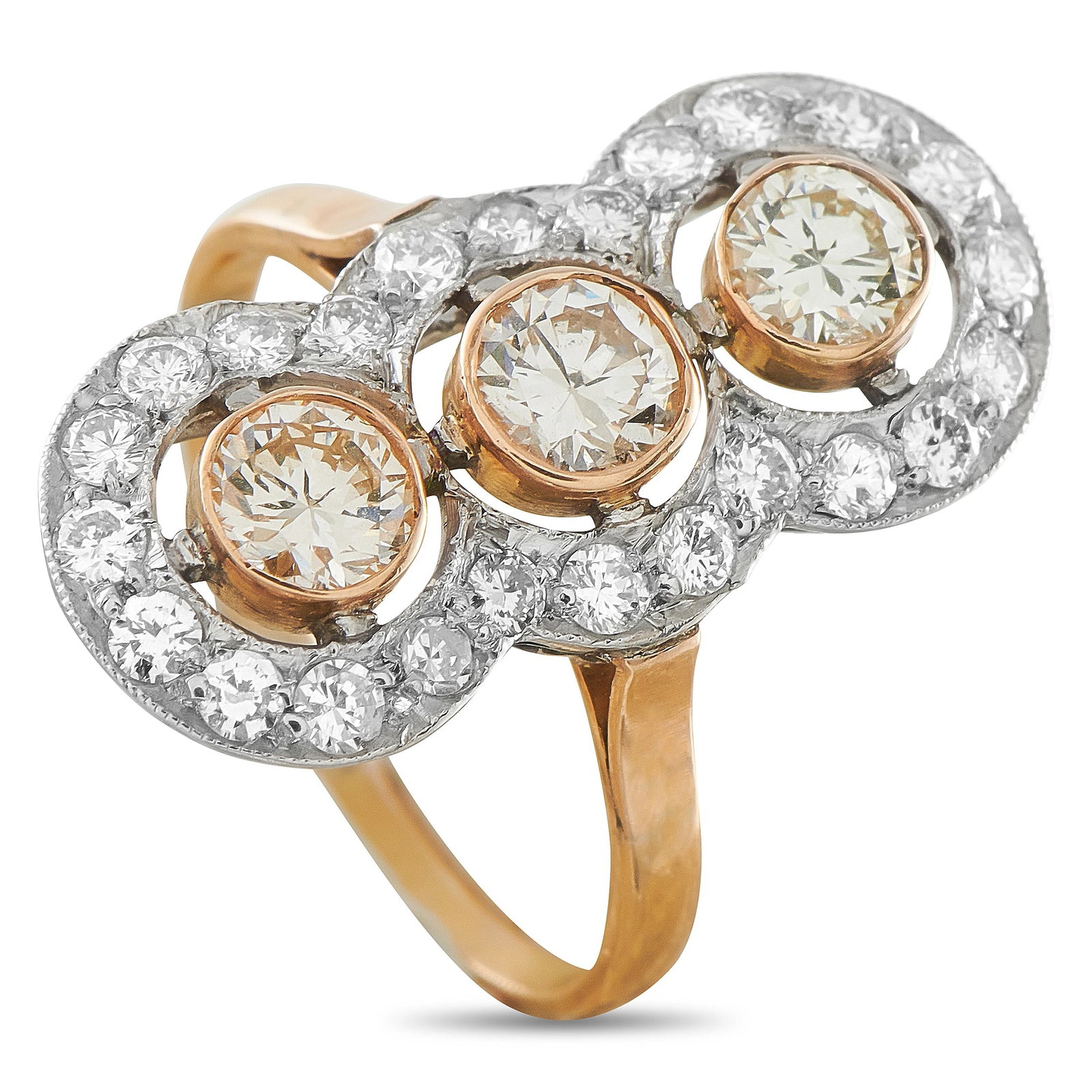 14K Rose Gold 1.65ct Diamond Halo Ring: A captivating 14-karat rose gold ring showcasing three bezel-set round brilliant diamonds, each enveloped in a sparkling pav?© diamond halo, for a total diamond weight of approximately 1.65 carats. T
