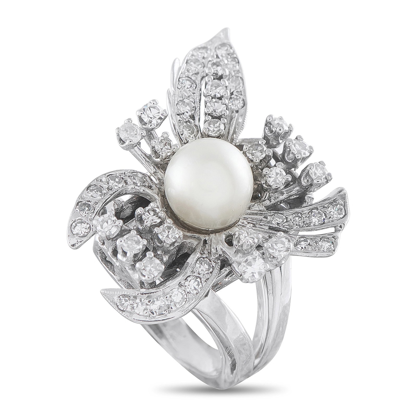 Vintage 14K White Gold 1.0ct Diamond and Pearl Floral Cocktail Ring: A breathtaking vintage 14-karat white gold cocktail ring featuring a lustrous cultured pearl measuring 7.4mm at the heart of an elaborate floral and foliate composition. Approximately 1.00 carat total