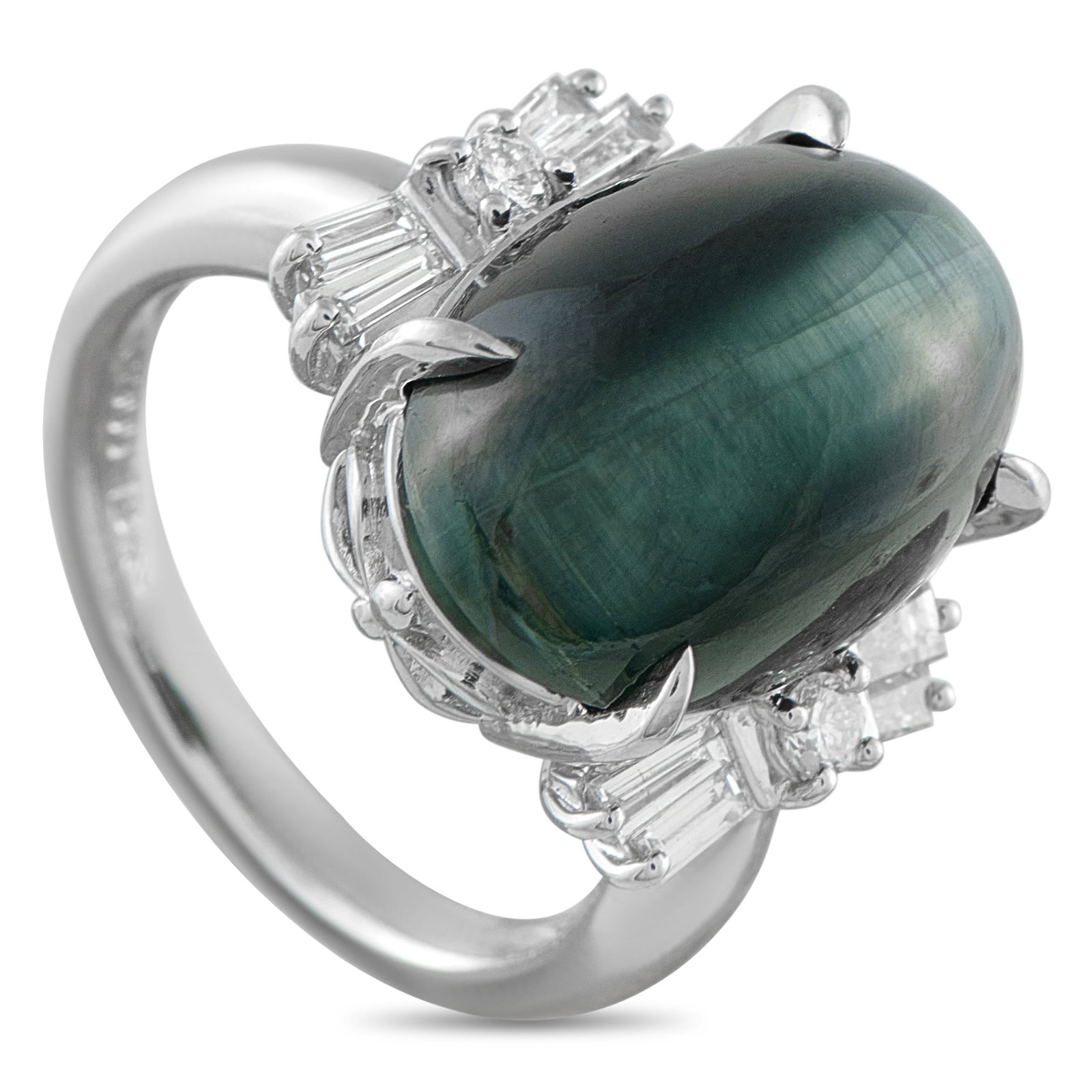 Platinum 0.52ct Diamond and Cat’s Eye Ring: Shimmering bands of light make this ring’s 13.49 carat Cat’s Eye center stone endlessly enchanting. Unique and incredibly exquisite, Diamond accents totaling 0.52 carats add a touch of traditional