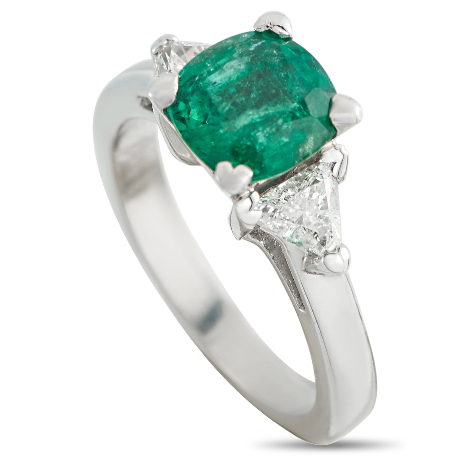 Platinum 0.35ct Diamond and Emerald Ring: This luxury ring will never go out of style. The classically elegant design showcases this piece’s vibrant 1.39 carat Emerald center stone. Diamonds with a total weight of 0.35 carats flank the cent