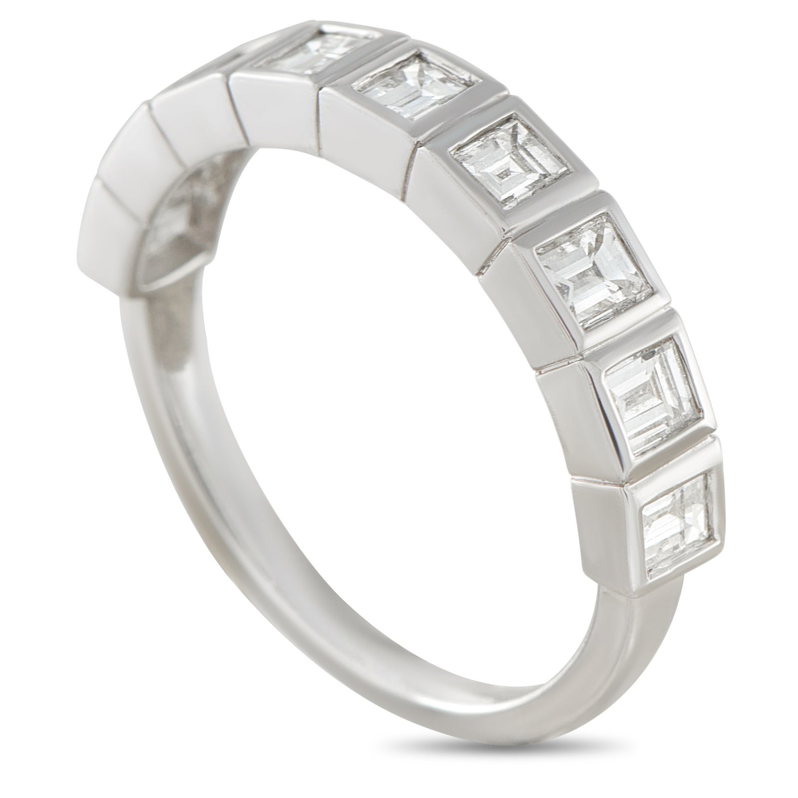 18K White Gold 1.10ct Diamond Ring: A series of square-cut Diamonds totaling 1.10 carats make this ring endlessly impressive. Simple and sophisticated, the understated 18K White Gold setting allows it to be stacked with other pieces fro
