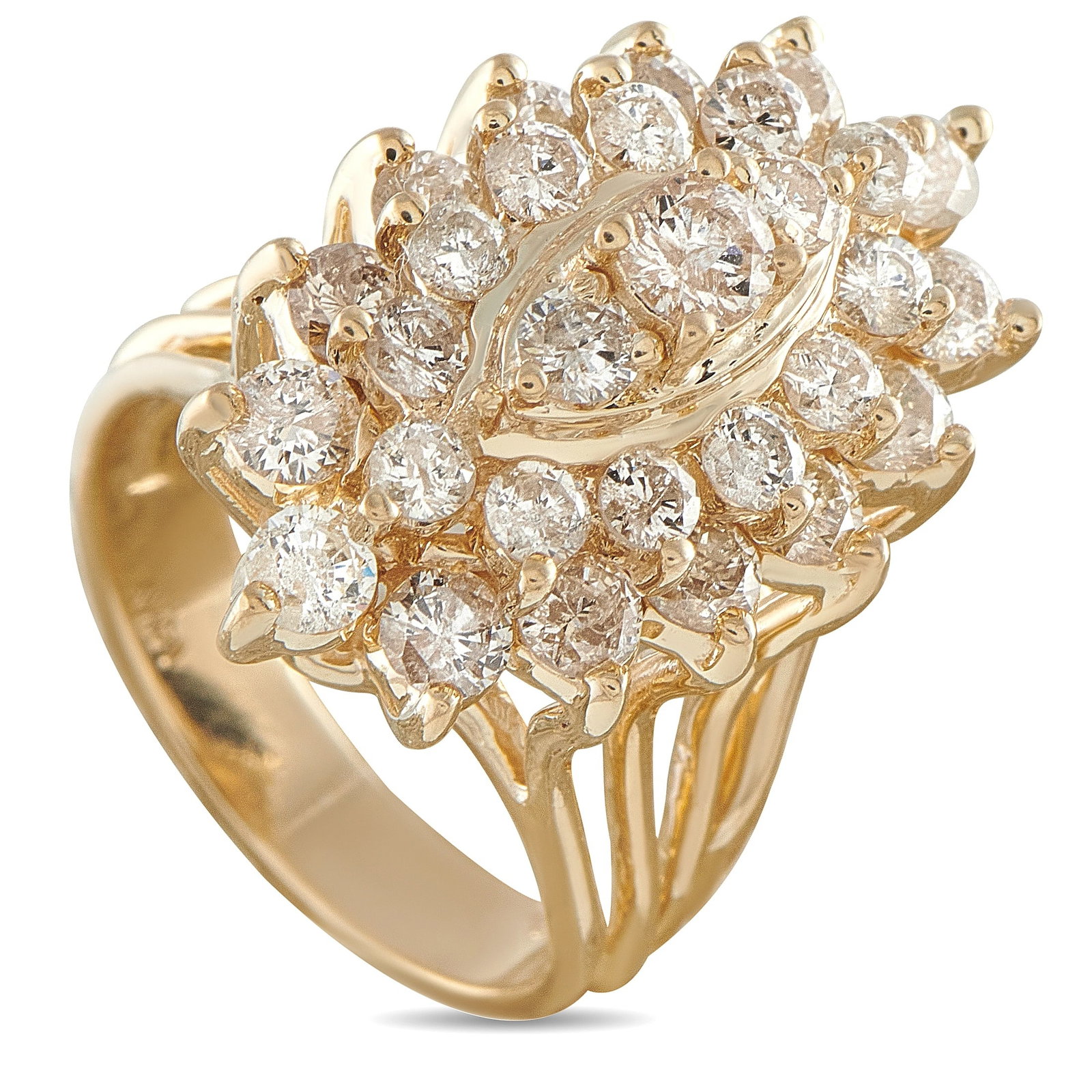 14K Yellow Gold 2.80ct Diamond Cluster Cocktail Ring: A bold and glamorous diamond cluster cocktail ring in 14K yellow gold, showcasing an expansive multi-tiered starburst arrangement of round brilliant diamonds totaling approximately 2.80 carats, accent