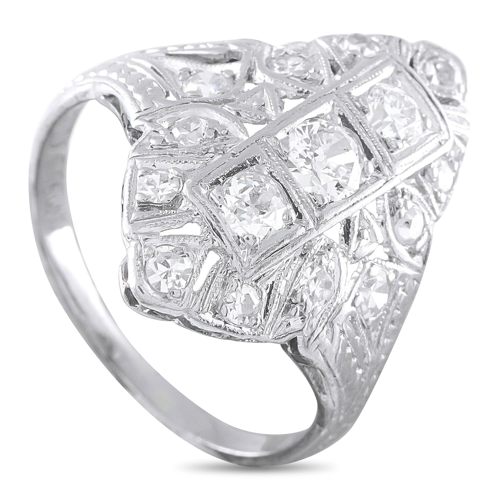 Antique Platinum 1.0ct Diamond Art Deco Ring: Add a touch of sophistication to any ensemble with this antique ring. Set in Platinum, the geometric design comes to life thanks to sparkling inset Diamonds with a total weight of 1.0 carats. A 1mm wi