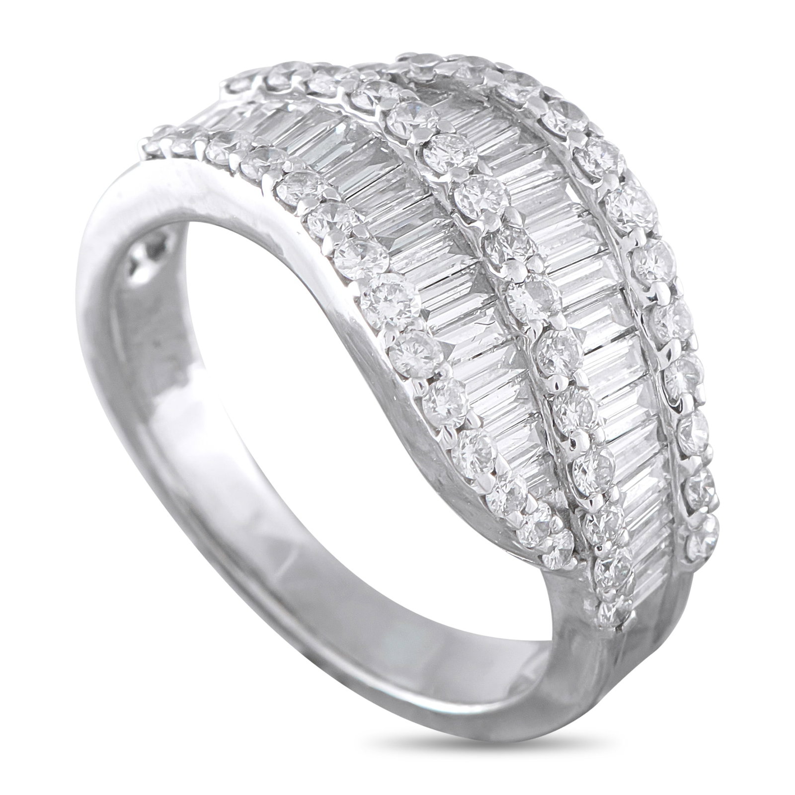 18K White Gold 1.33ct Diamond Ring: Curved lines provide this luxury ring with a sense of fluidity. Set in 18K White Gold, Diamonds with a total weight of 1.33 carats add texture, sparkle, and dimension to the understated design. A 3mm 