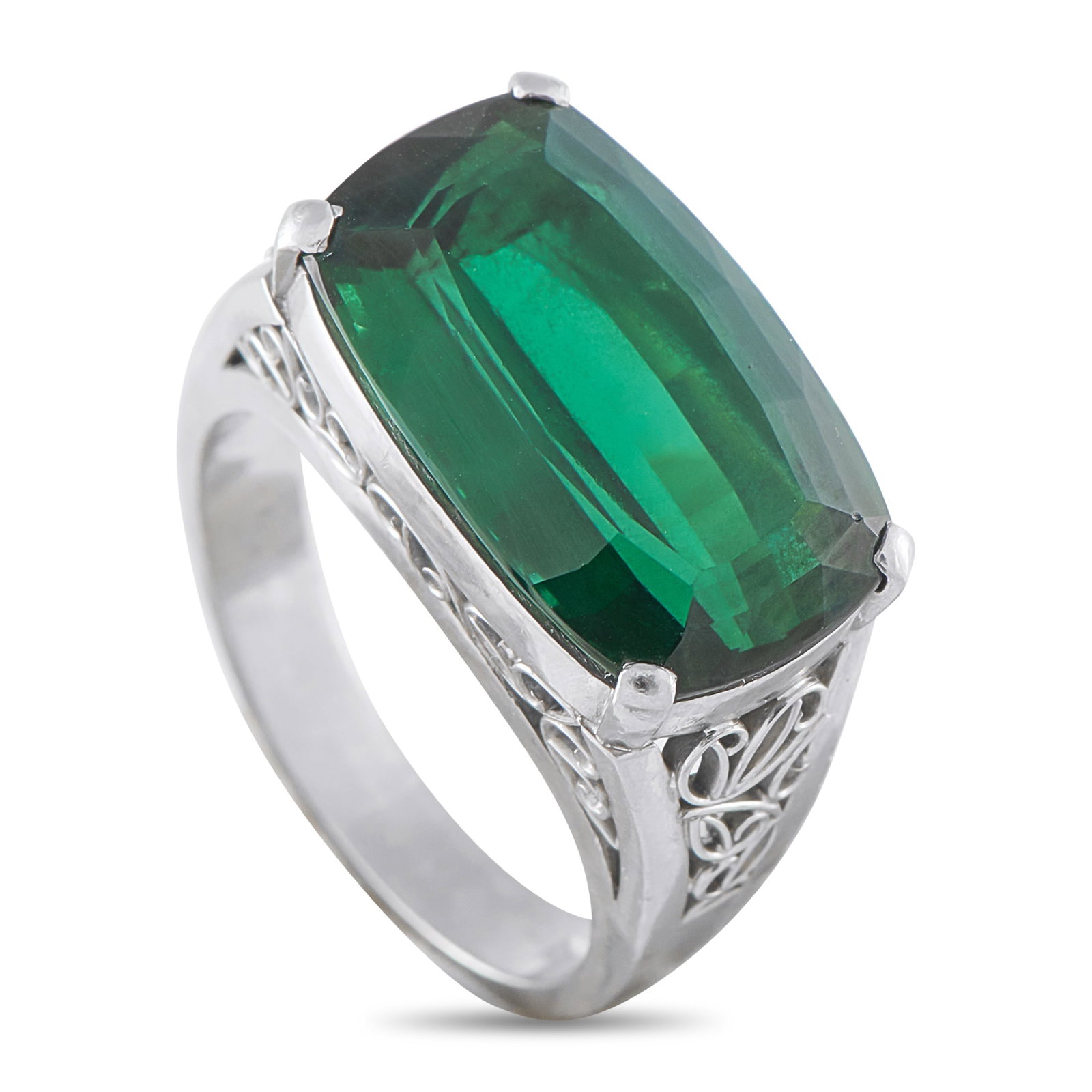 Platinum 7.45ct Tourmaline Ring: An impressive ring, this piece centers on a massive 7.45-carat green tourmaline, oriented in a sophisticated east-west setting. Four fine prongs secure the corners of the stone, allowing its rich hue 