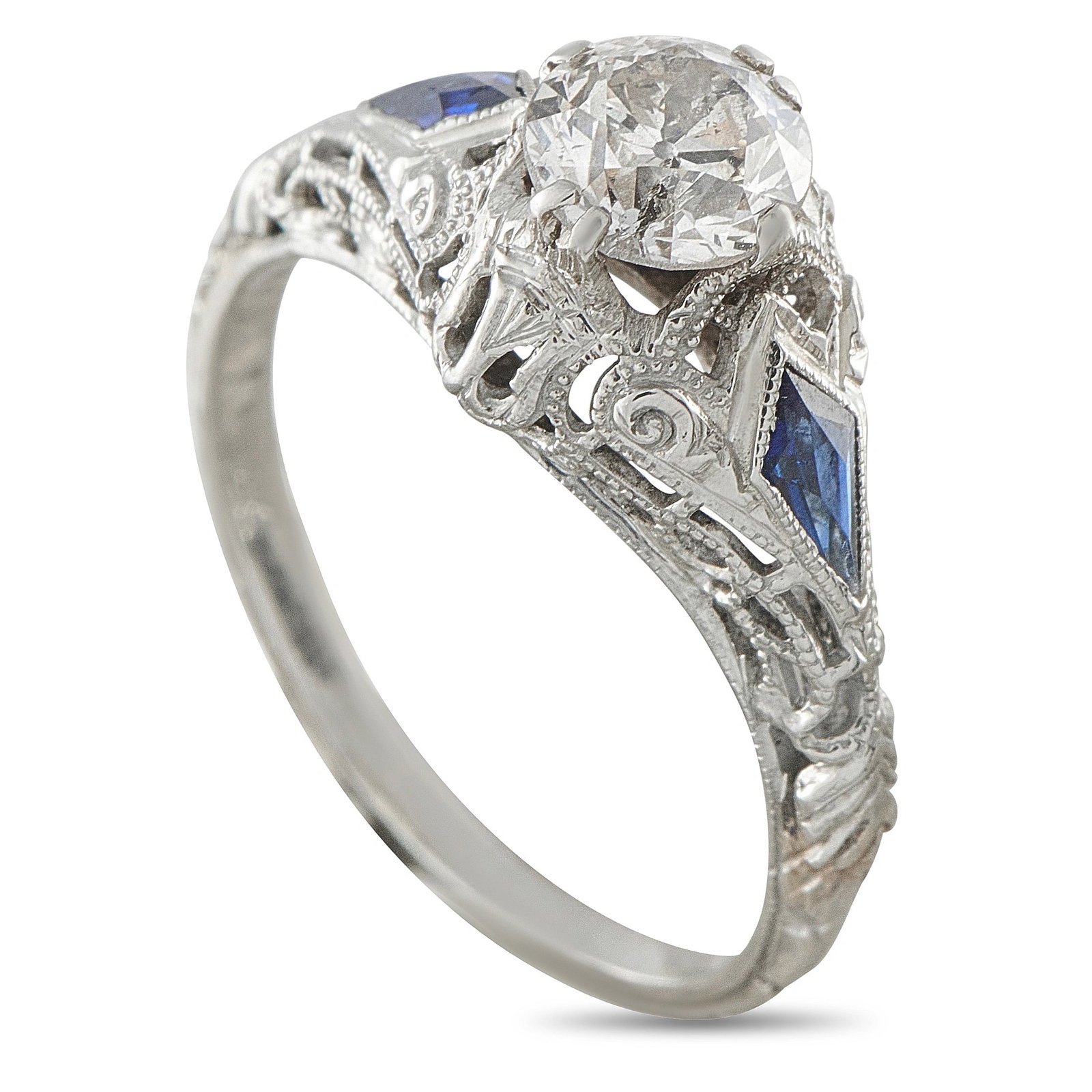 18K White Gold 0.71ct Diamond and Sapphire Art Deco Ring