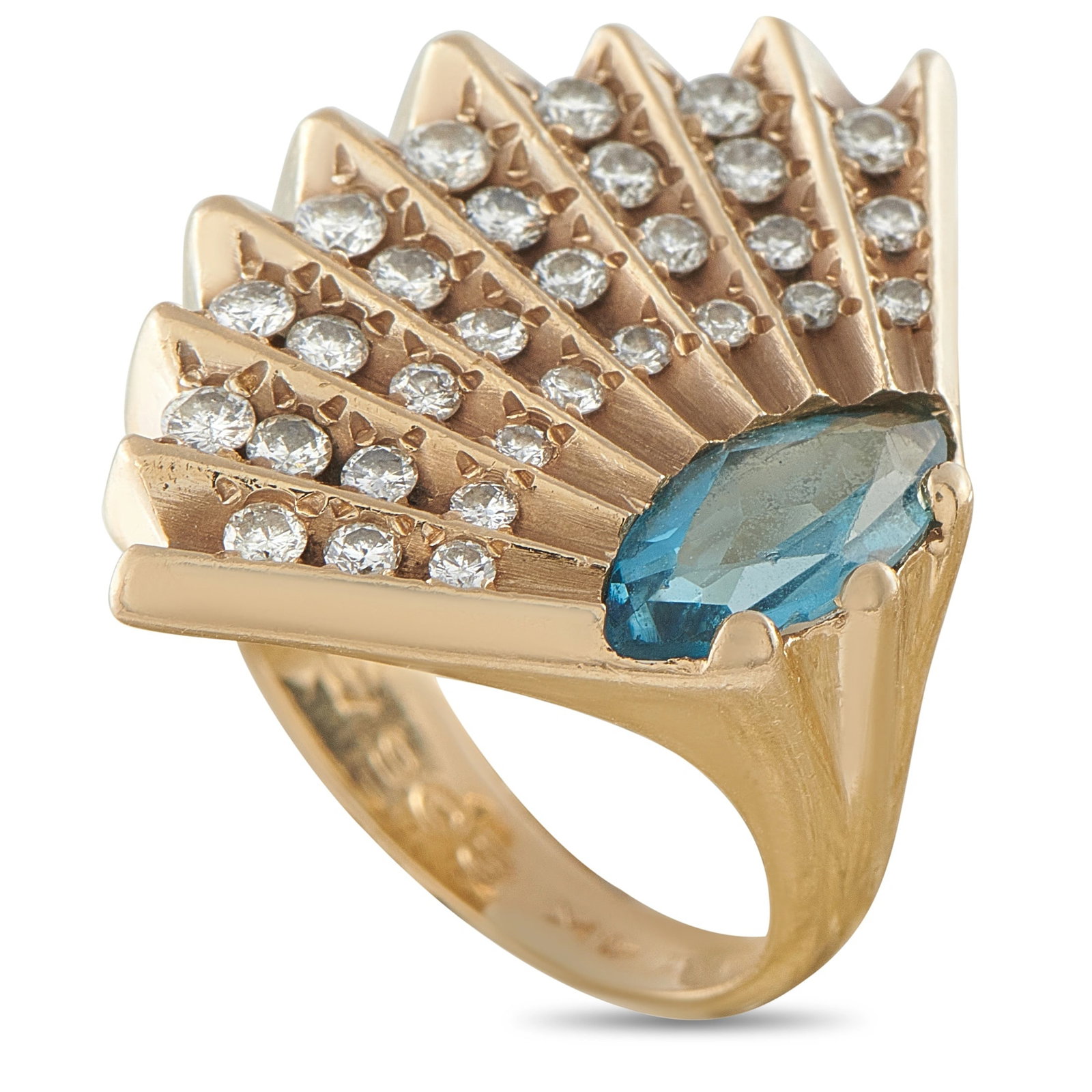 Erte Vintage 14K Yellow Gold 0.46ct Diamond Topaz Cocktail Ring: This vintage cocktail ring by Erte is crafted in 14K yellow gold with a striking fan-shaped design. It is set with round brilliant-cut diamonds totaling approximately 0.46 carats and centers on a marq