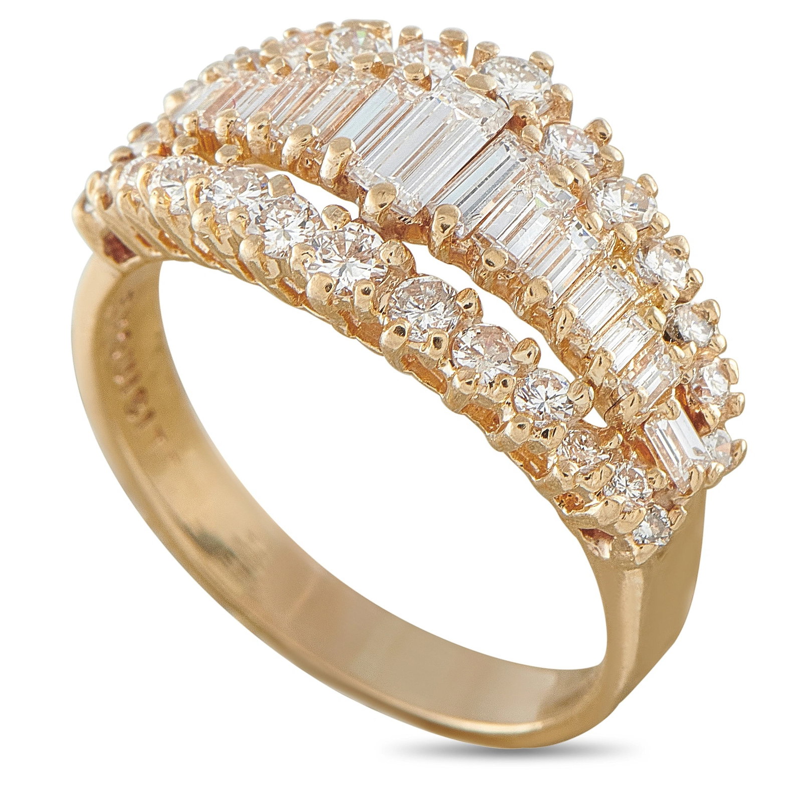 14K Yellow Gold 1.42ct Diamond Ring: This striking estate 14K yellow gold diamond ring features a bold, wide band design set with a center row of channel-set baguette-cut diamonds elegantly flanked on each side by rows of prong-set round