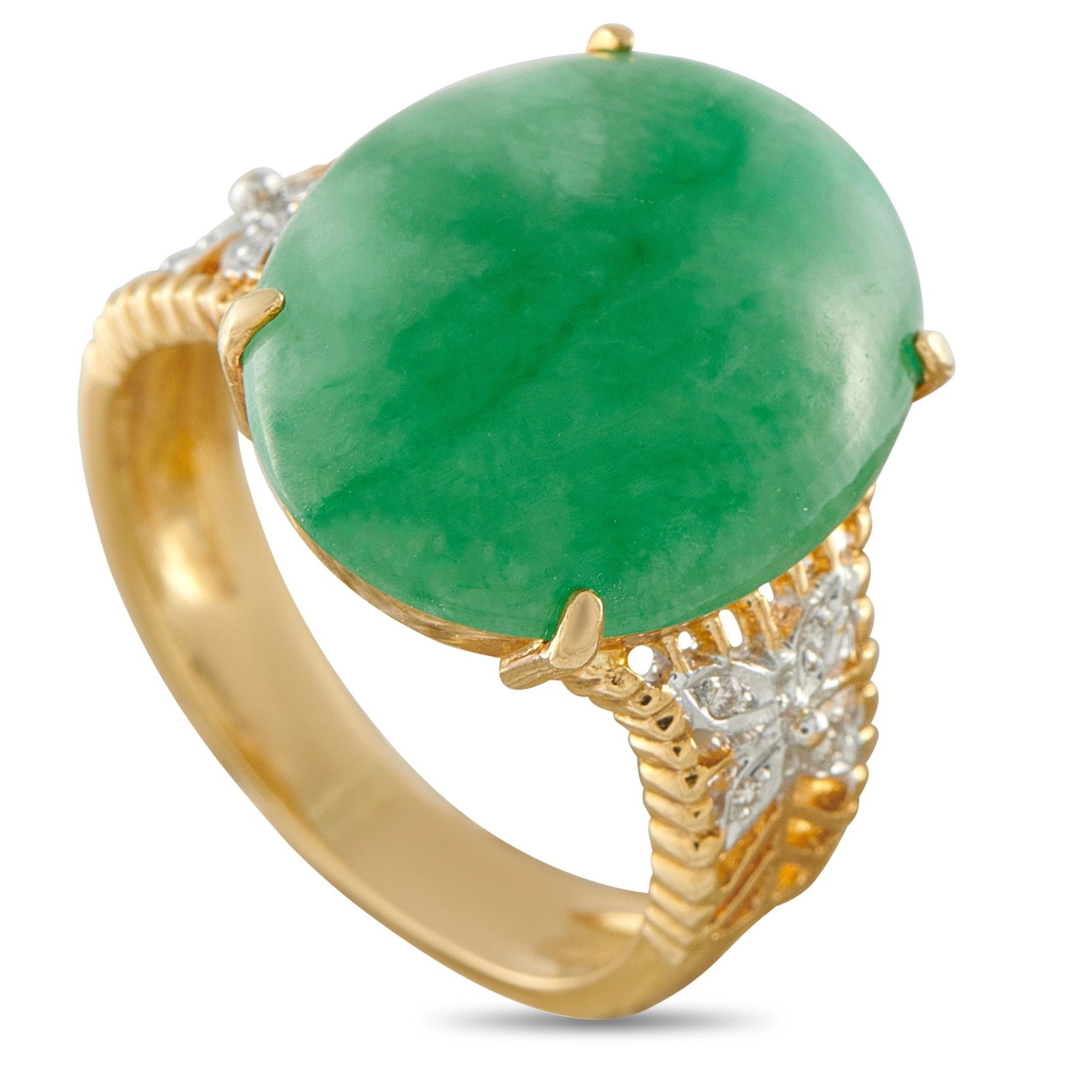 18K Yellow Gold Diamond and Jade Cabochon Cocktail Ring: A bold cocktail ring in 18K yellow gold, centering a large oval jade cabochon in a claw prong setting with diamond accents flanking the shoulders on a rope-textured shank. Weighing 7.5 grams. This