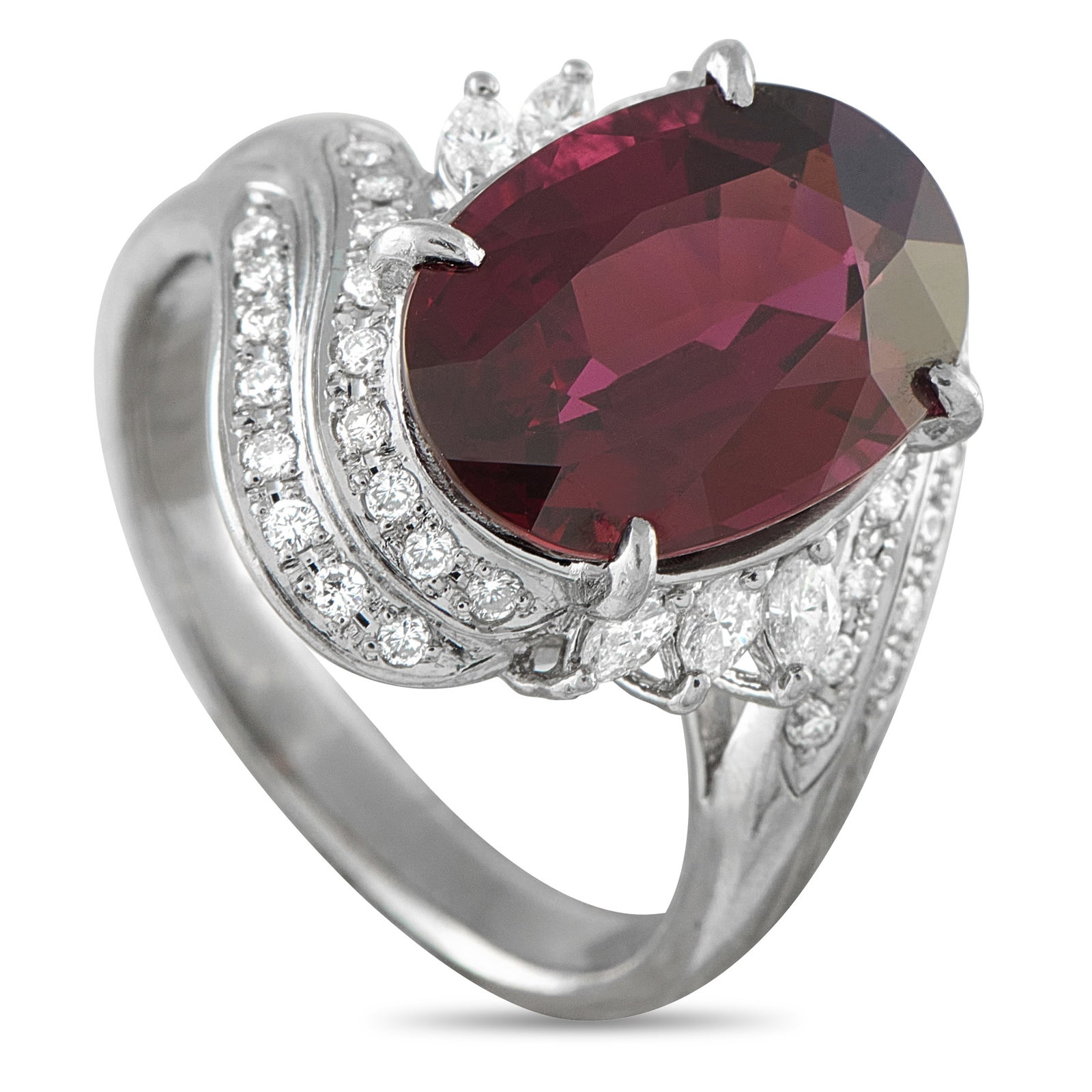 Platinum 0.55ct Diamond and Garnet Ring: This luxury ring is designed to make a statement. Rounded edges add movement to the intricate Platinum setting, which is elevated by inset Diamonds totaling 0.55 carats. At the center, an 8.38 carat G
