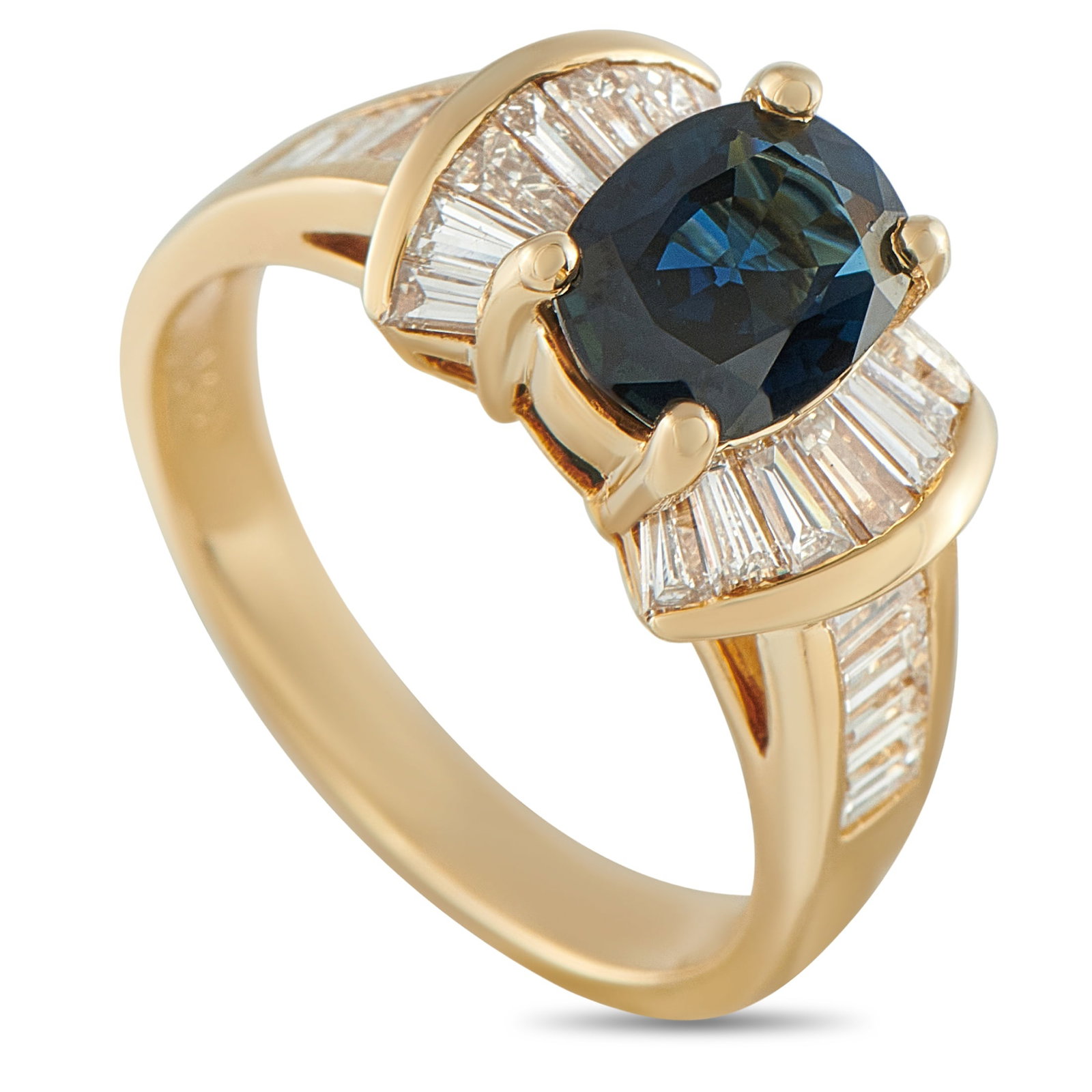 18K Yellow Gold 1.08ct Diamond and Sapphire Ring: A captivating 1.49 carat Sapphire serves as a stunning focal point on this luxury ring. Diamond baguettes with a total weight of 1.08 carats add extra dimension to the unique design, enhancing the ele