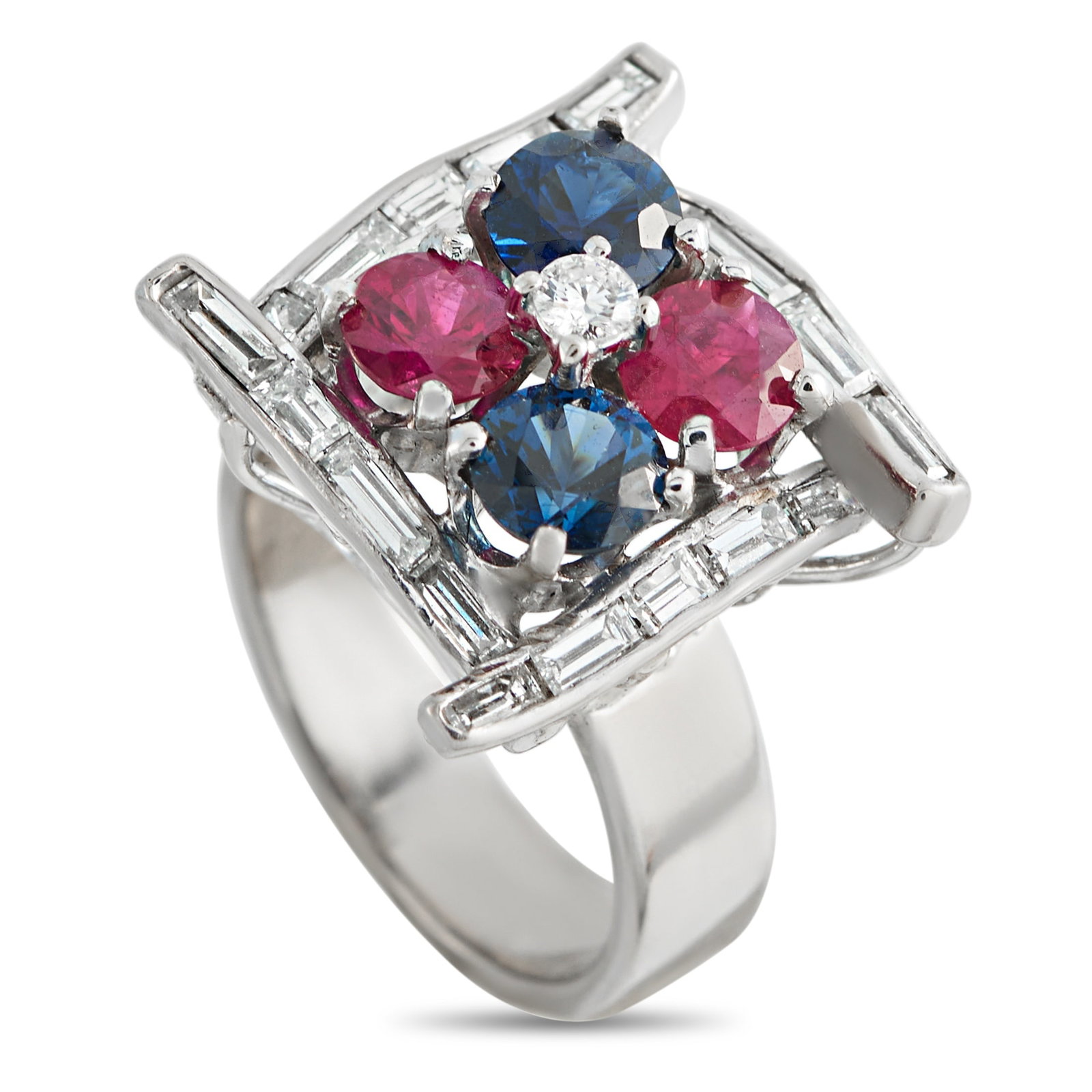 14K White Gold 0.90ct Diamond, Ruby, and Sapphire Ring: This radiant ring is a celebration of color. The stylish square setting beautifully showcases a combination of Ruby and Sapphire center stones. Diamond accents totaling 0.90 carats make it even more