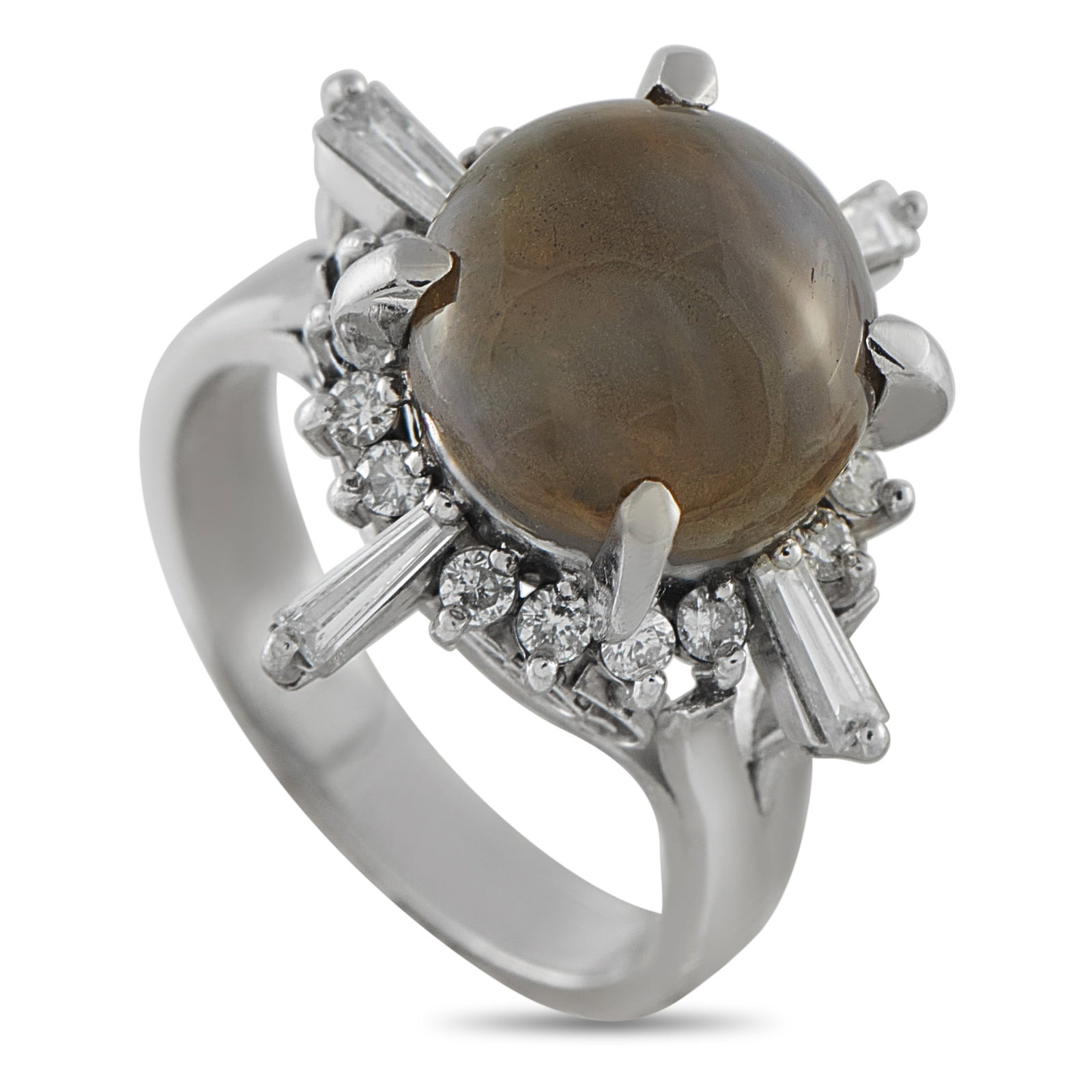 Platinum 0.66ct Diamond and Cats Eye Ring: A bold 6.18 carat Cat’s Eye cabochon center stone makes this luxury ring simply unforgettable. The detailed Platinum setting makes this piece look elegant from any angle, while sparkling Diamond