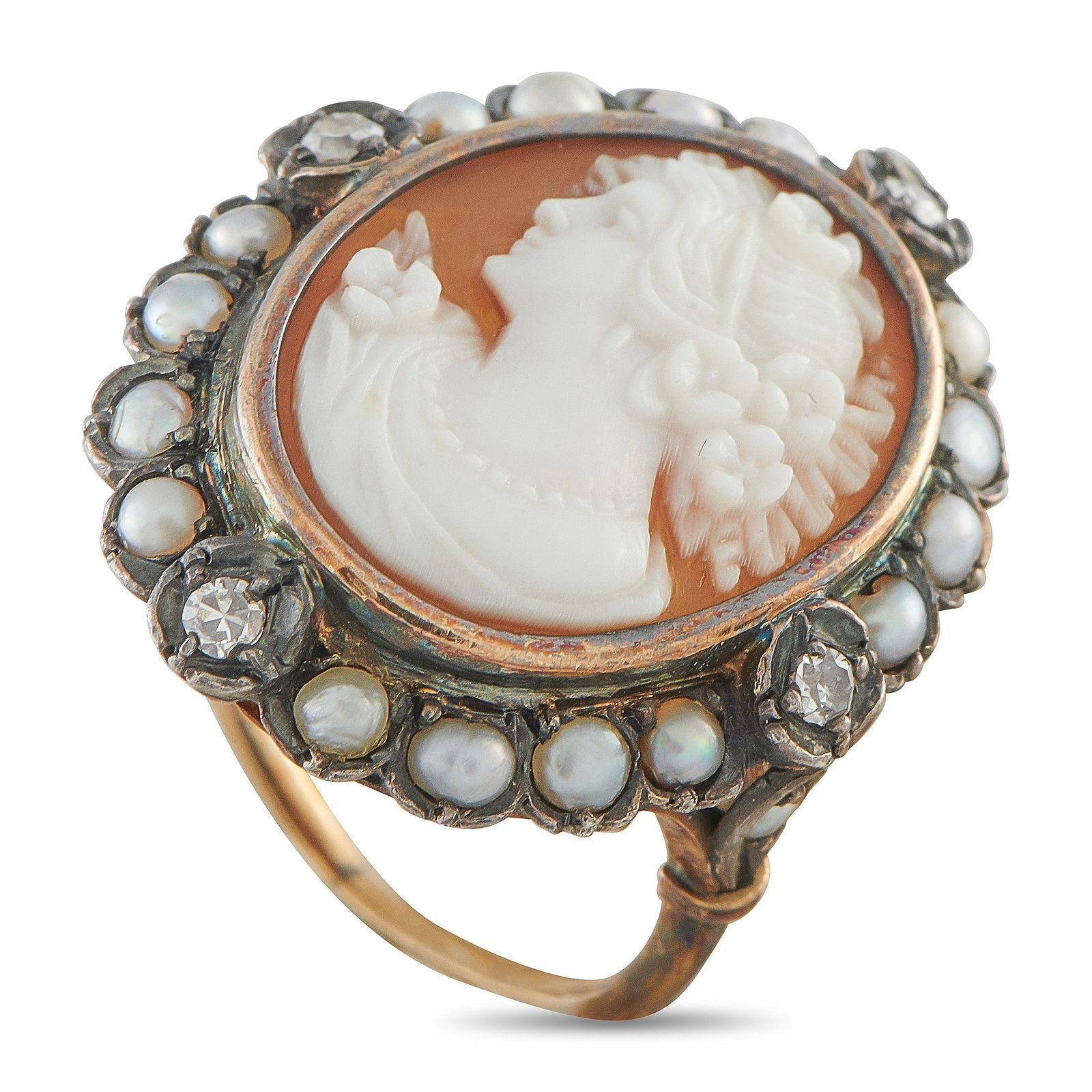 Antique Victorian 14K White Gold and Silver Cameo Ring: This antique Victorian cameo ring brings the beauty of the past into the present day. Crafted from a combination of 14K White Gold and Silver, sparkling gemstones and lustrous pearlescent accents make