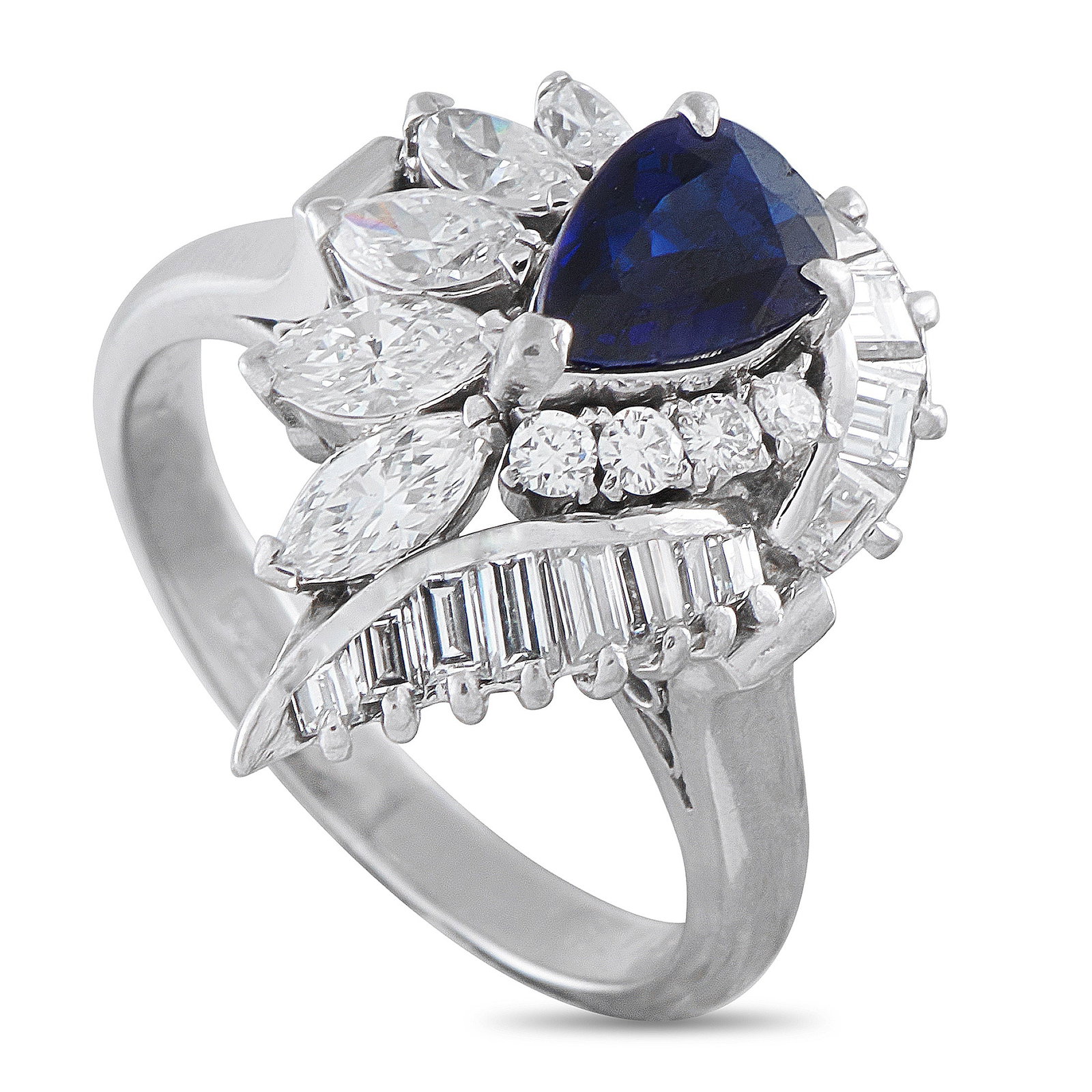 Platinum 1.15ct Diamond and Sapphire Ring: Diamonds with a total weight of 1.15 carats allow this dazzling ring to come alive every time it catches the light. Stunning and statement-making, a pear-shaped 0.96 carat Sapphire center stone adds