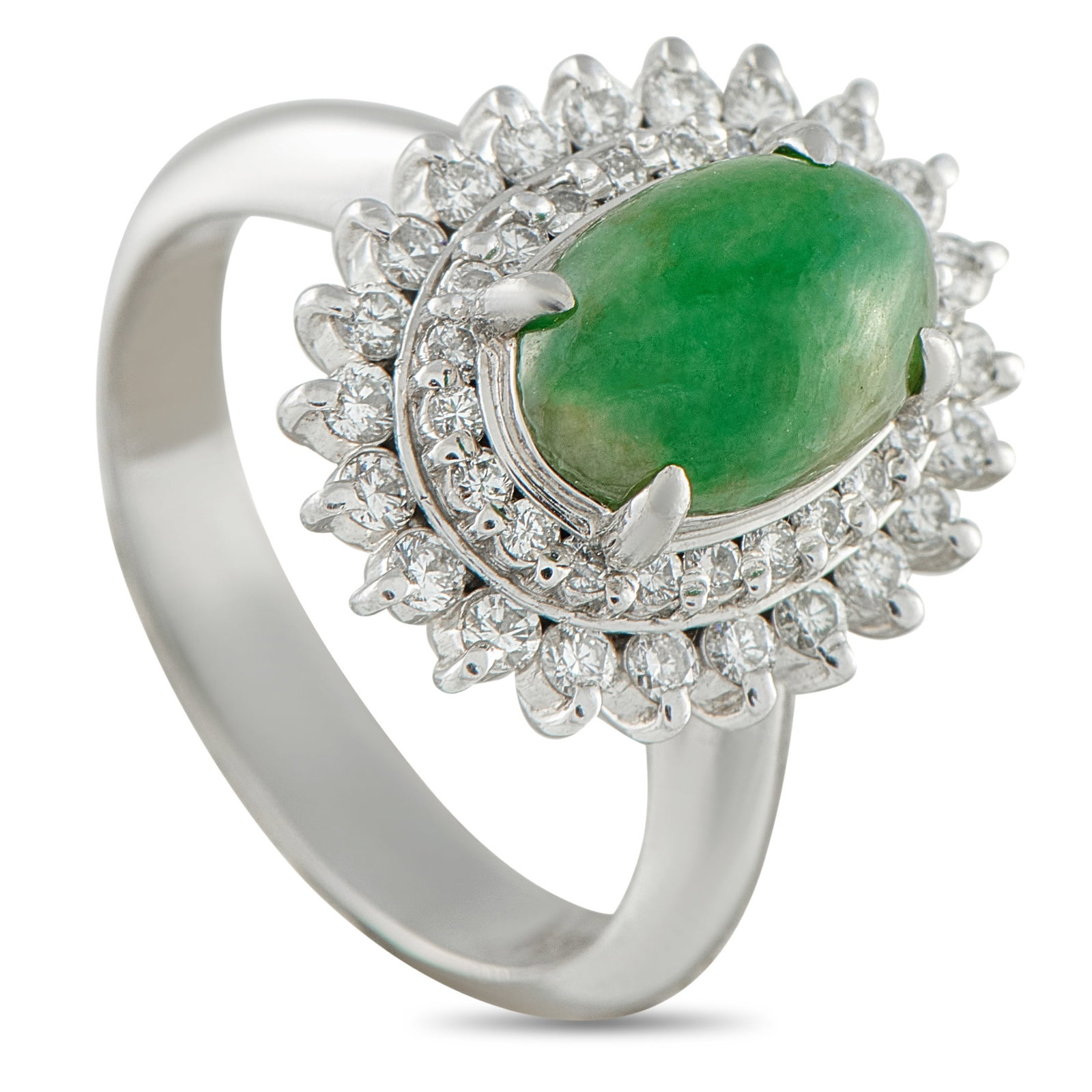 Platinum 0.69ct Diamond and Jade Ring: This luxury ring is unique and delightfully unexpected in design. On this exquisite accessory, a double halo of Diamonds totaling 0.69 carats surround a vibrant Jade cabochon center stone. Set in