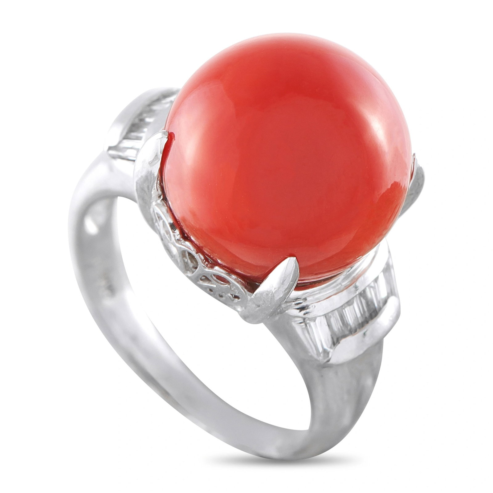 Platinum 0.30ct Diamond and Coral Ring: Add a stunning pop of color to any ensemble with this bold, breathtaking ring. The detailed Platinum setting beautifully showcases this piece’s 12.7mm Coral cabochon center stone. Diamond accents to