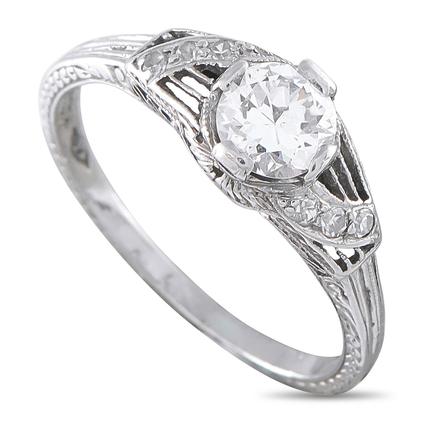 Antique Platinum 0.55ct Diamond Engagement Ring: This antique engagement ring is an ideal piece for anyone who appreciates timeless luxury. The Platinum setting is filled with unique details that come together to create a stunning, sophisticated des