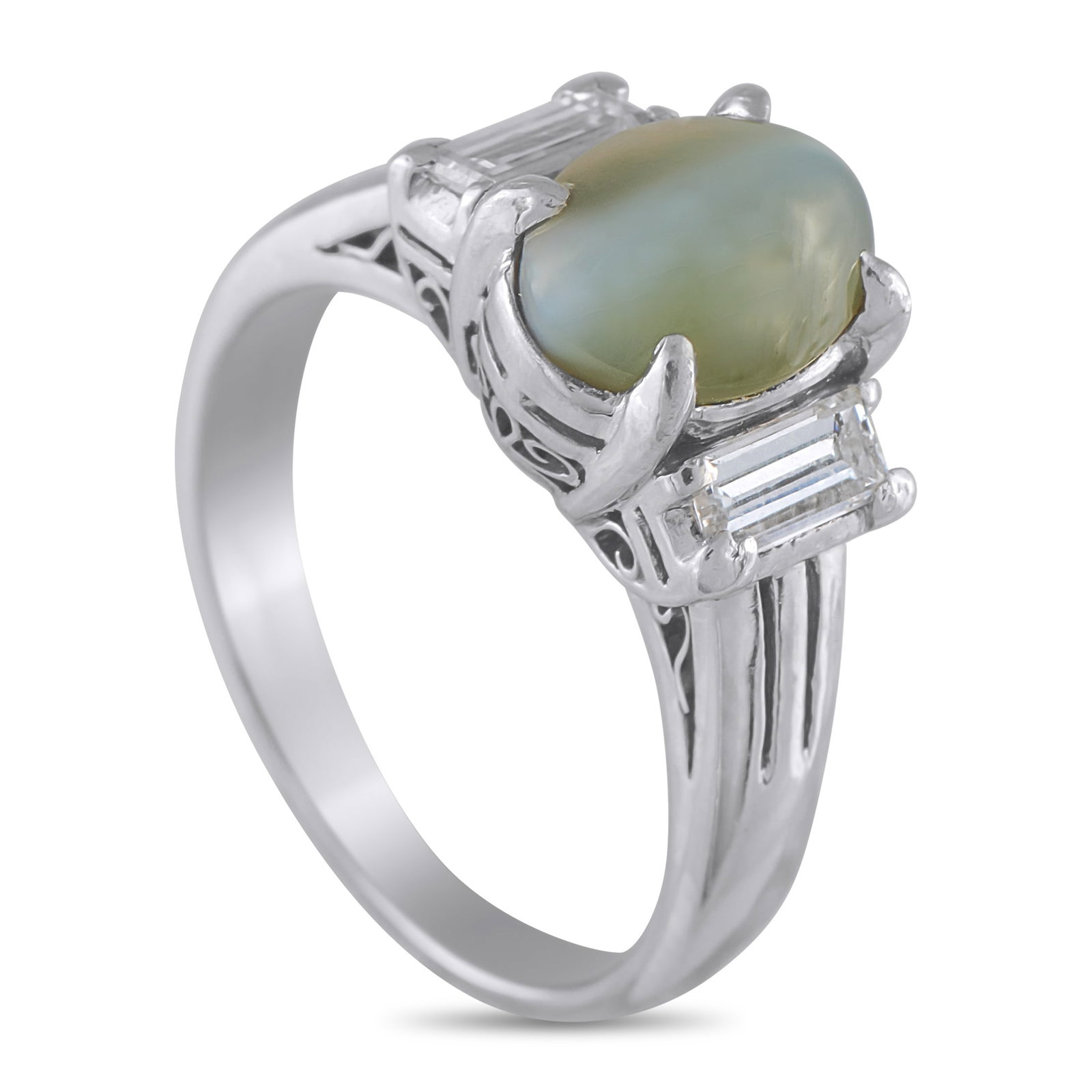 Platinum 0.58ct Diamond and Cats Eye Ring: This chic, sophisticated ring is a piece that will continually capture your imagination. At the center, a 3.17 Cat’s Eye stone provides a subtle pop of color and plenty of visual impact. Diamond acc