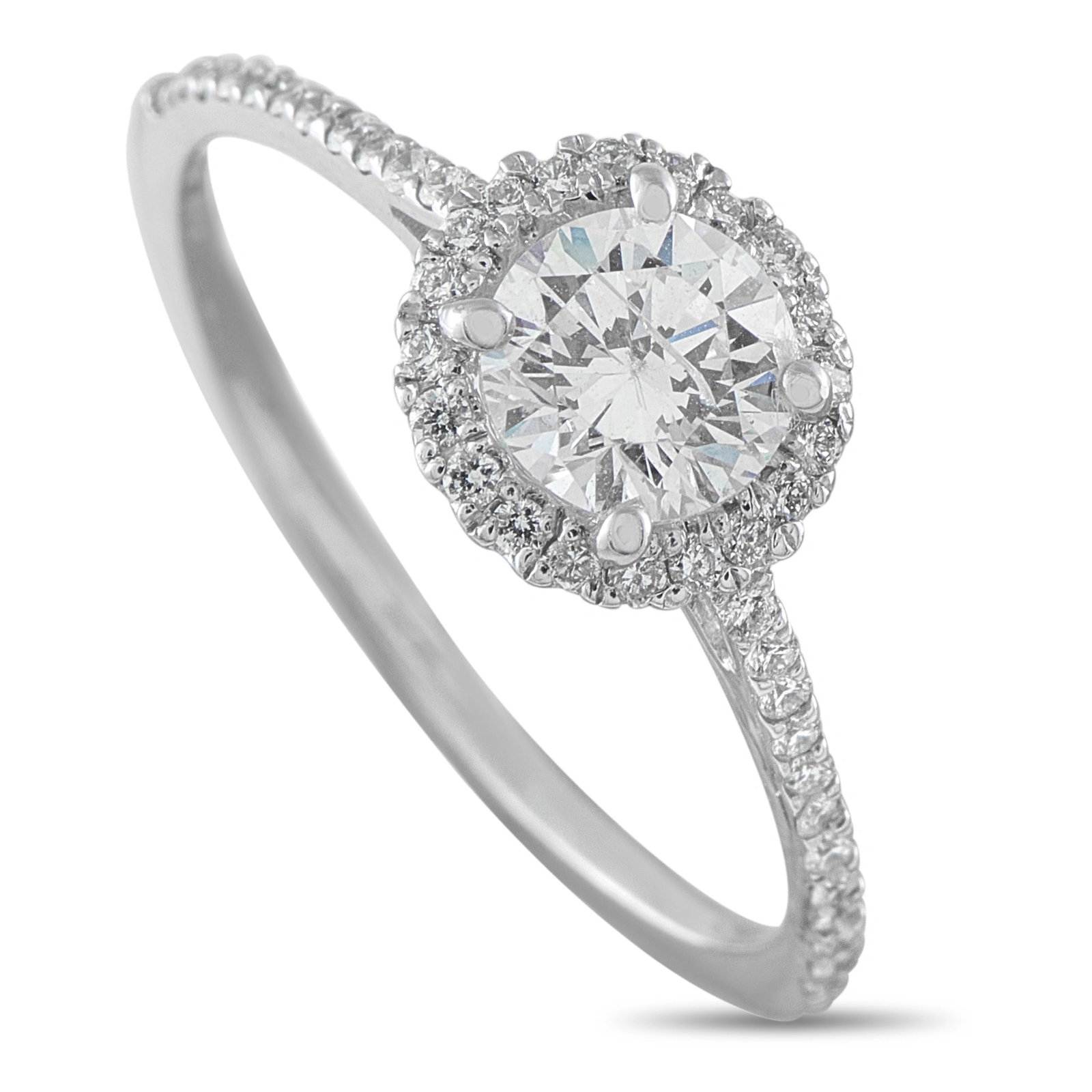 14K White Gold 1.0ct Diamond Round Halo Ring: A luminous halo ring in 14K white gold, featuring a round brilliant-cut center diamond framed by a pavé diamond halo, with diamond-set shoulders extending along the delicate shank. Clean and refined 