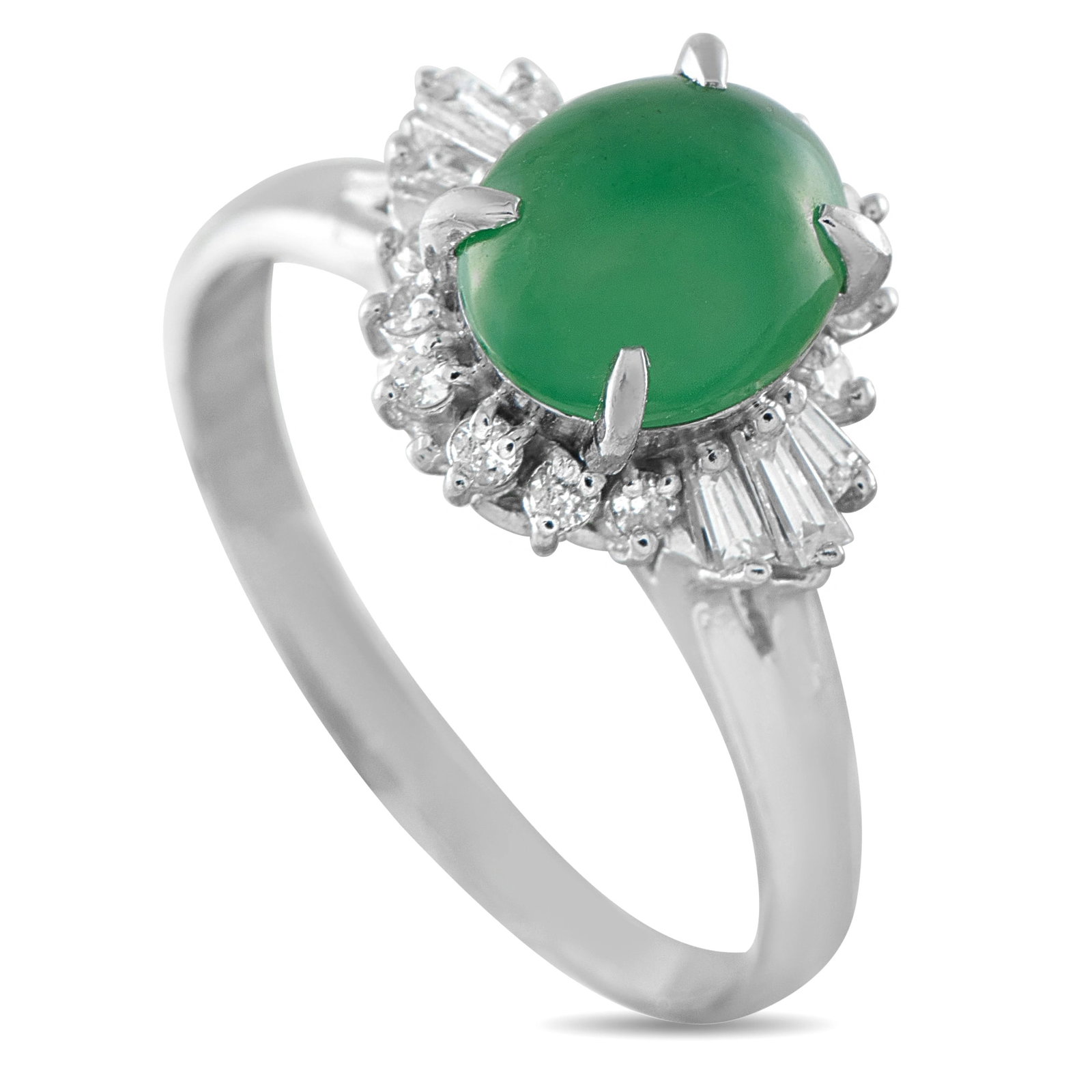 Platinum 0.30ct Diamond Jade Ring: This stunning estate platinum ring centers on a vibrant imperial green jadeite cabochon of exceptional translucency and rich color saturation. The oval jade is held in a four-prong platinum setting an