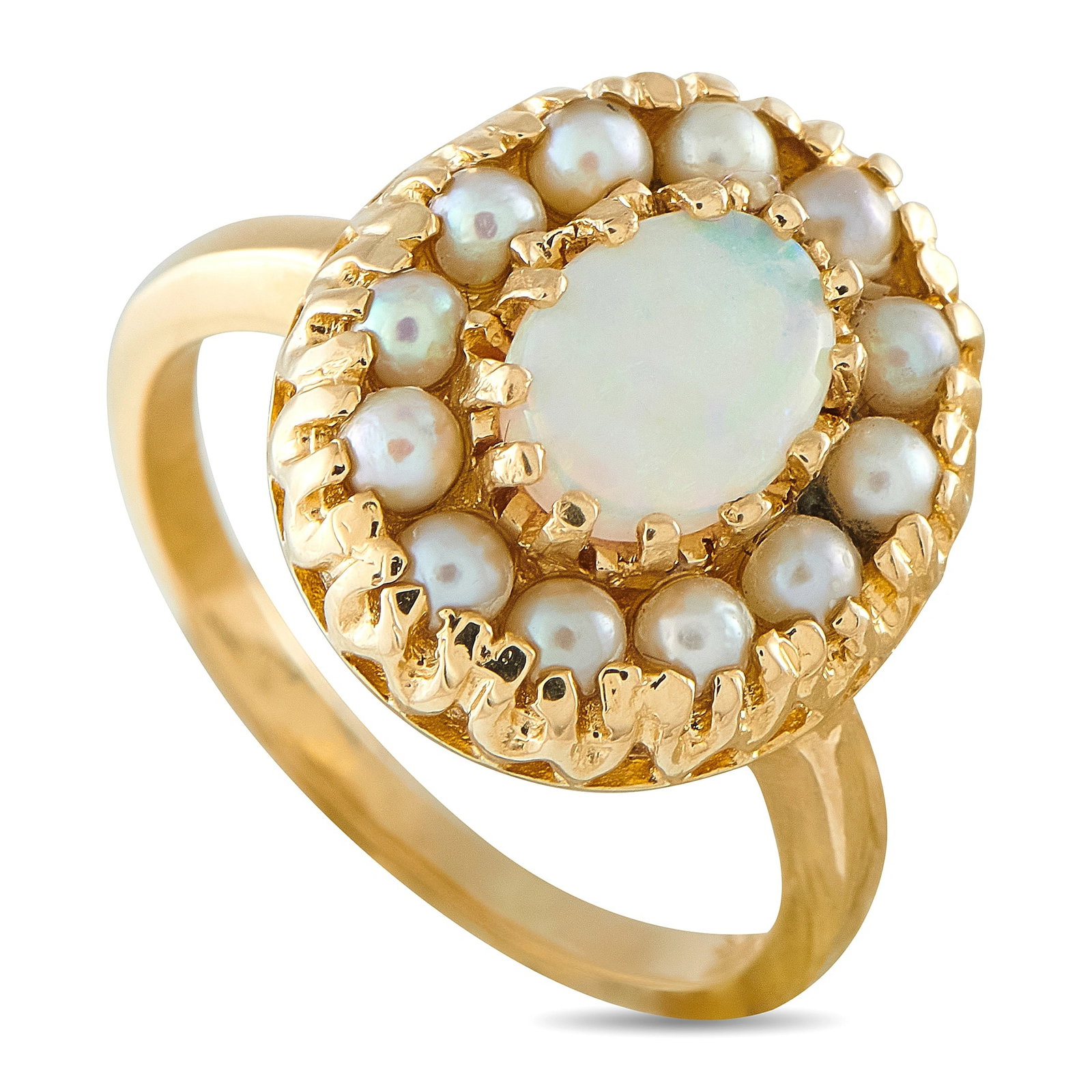 14K Yellow Gold 0.50ct Opal and Pearl Cluster Ring: A charming Victorian-inspired cluster ring in 14K yellow gold, centering a round white opal cabochon of approximately 0.50 ct with soft iridescent play-of-color, encircled by a halo of petite seed pea