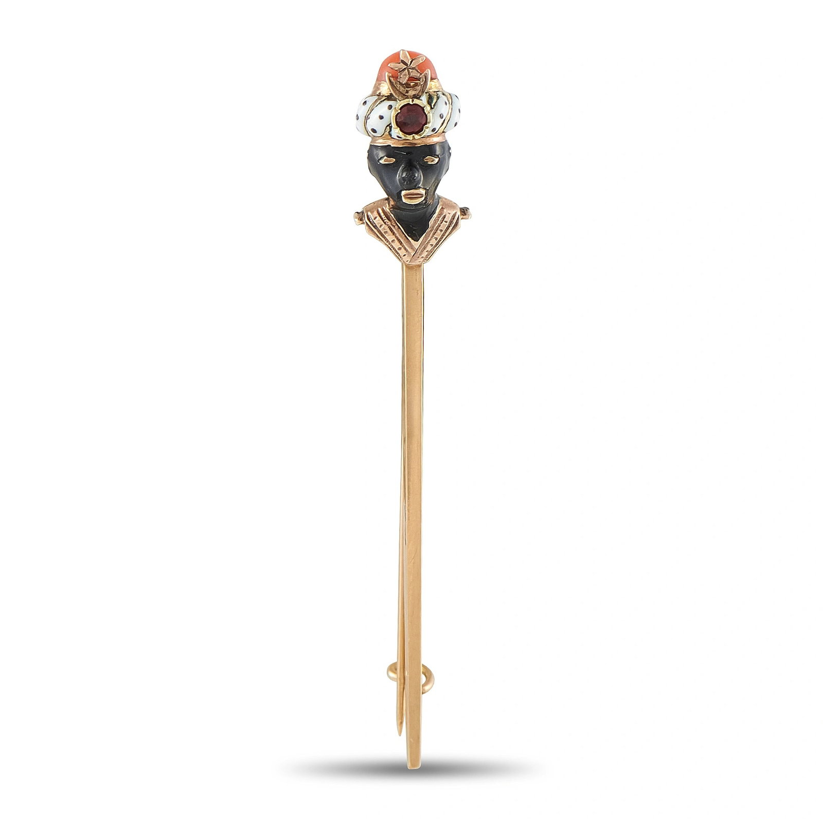 14K Yellow Gold Enamel Stick Pin: This stick pin is crafted from 14K yellow gold and features a hand-enameled design with a carved onyx face, a white enamel turban with black polka-dot detailing, a coral cabochon finial, and a red gem