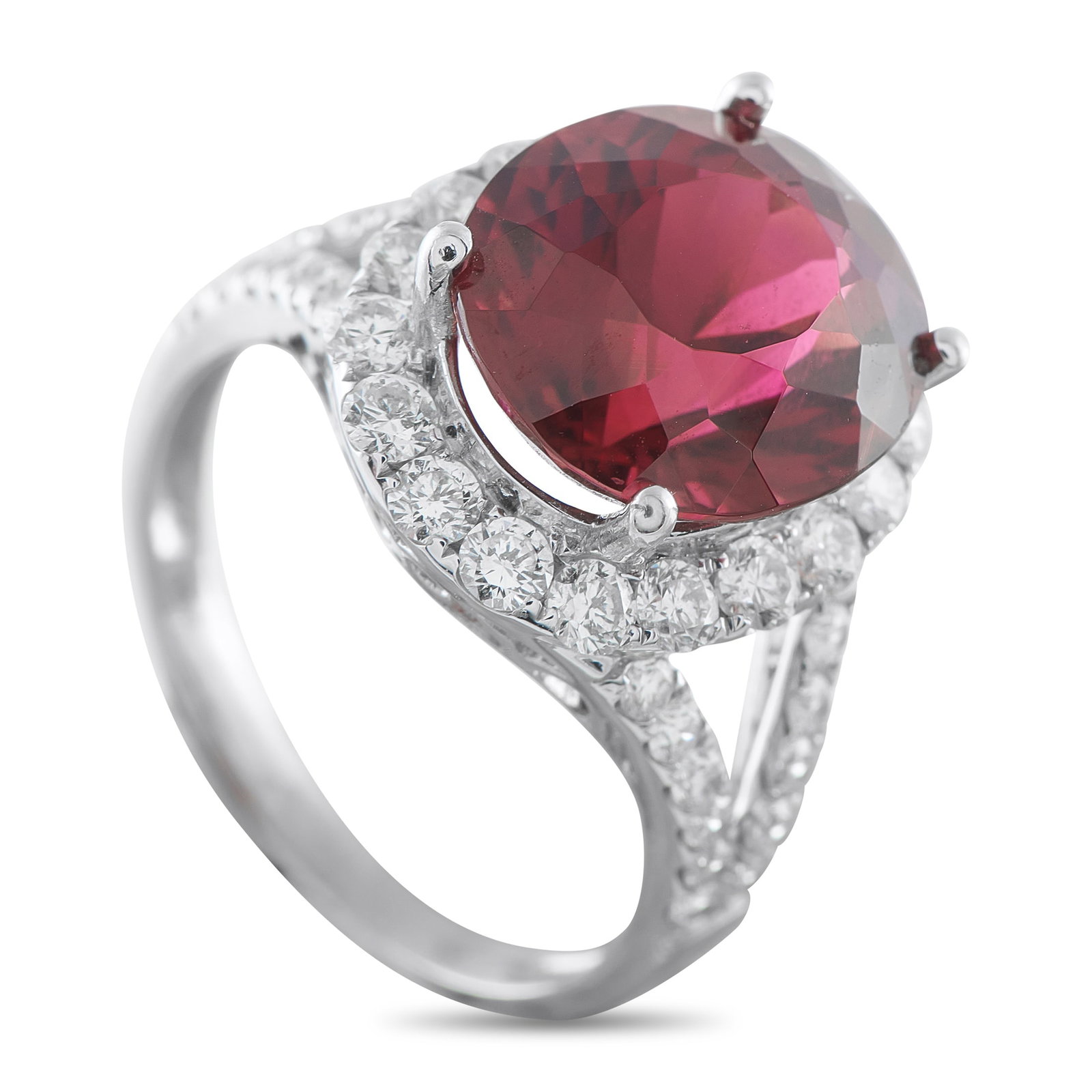 14K White Gold 1.20ct Diamond and Tourmaline Ring: This luxury ring exudes timeless elegance. A vibrant 5.50 carat Tourmaline gemstone is suspended at the center, while Diamonds totaling 1.20 carats further elevate the detailed Platinum setting. It fe