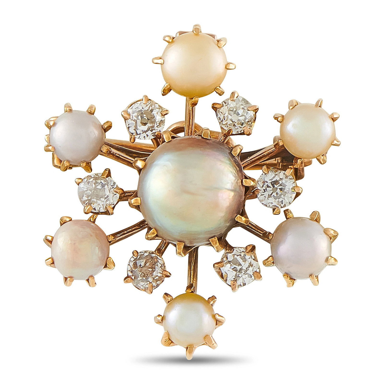 GIA Cert. Natural Pearl Antique 14K Rose Gold 0.66ct Diamond Snowflake Brooch (1 of 4)