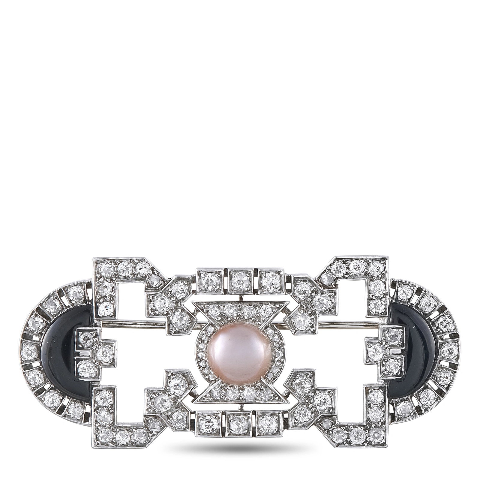 Platinum 1.50ct Diamond, Onyx, and Pearl Art Deco Brooch: This estate brooch is crafted in platinum and set with approximately 1.50 carats of round diamonds arranged in a bold, geometric Art Deco motif. Black onyx panels flank a lustrous pearl at the center,