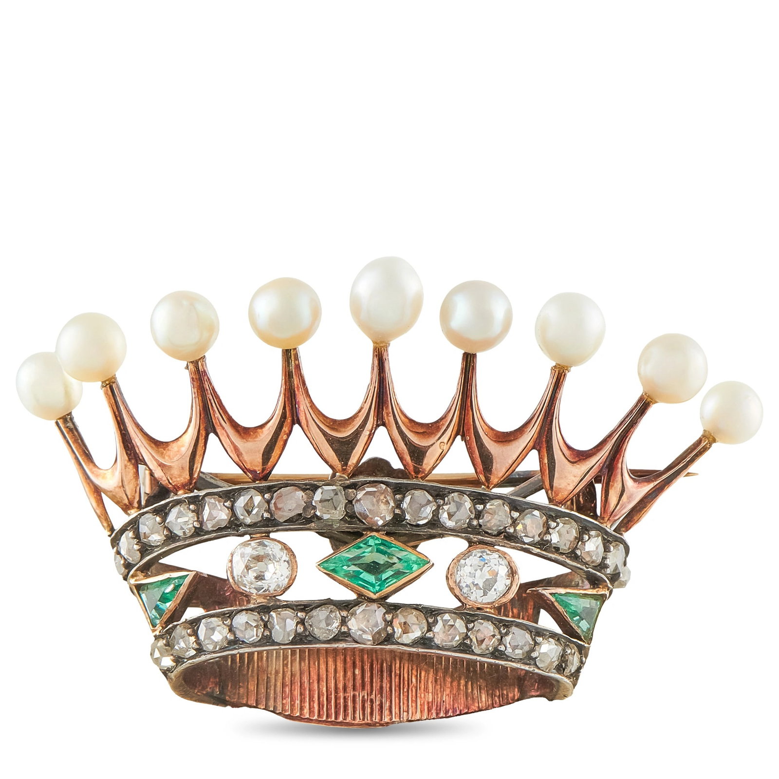 Antique 18K Rose Gold and Sterling Silver 1.30ct Diamond, Emerald, and Pearl Crown Brooch: This antique French brooch is crafted in 18K rose gold with sterling silver accents, fashioned as an elegant crown set with rose-cut and old European-cut diamonds totaling approximately 1.30 carats. A