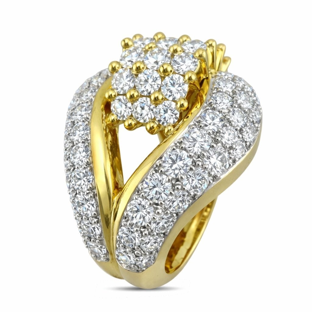 18K Yellow Gold 4.85ct Diamond Cocktail Ring: Bold 18K Yellow Gold 4.85ct Diamond Cocktail Ring A substantial and sculptural cocktail ring crafted in rich 18 karat yellow gold, designed with a commanding presence and impressive thickness througho