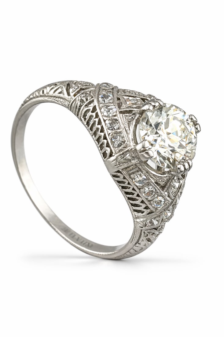 Antique Platinum Ring: This refined platinum ring showcases a luminous 1.35-carat Old European brilliant-cut natural diamond at its center, graded VS2 for clarity and G for color-offering a beautiful balance of vintage