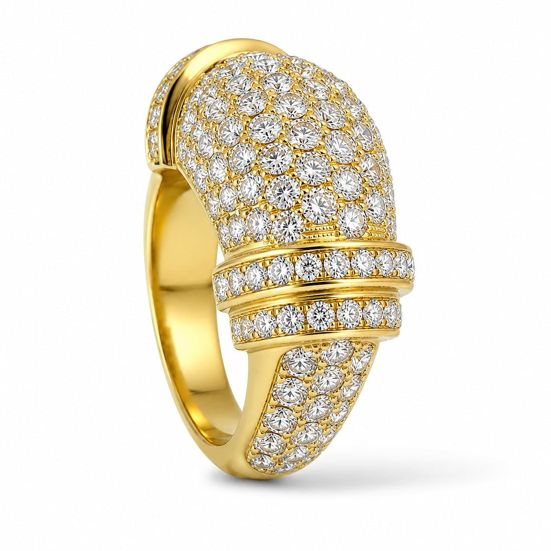 18K Yellow Gold Ring: Brilliant 18K Yellow Gold Ring Set with 150 Sparkling Diamonds, 3.75 Carats Total Exuding opulence and refined glamour, this 18K yellow gold ring is fully encrusted with a dazzling array of 150