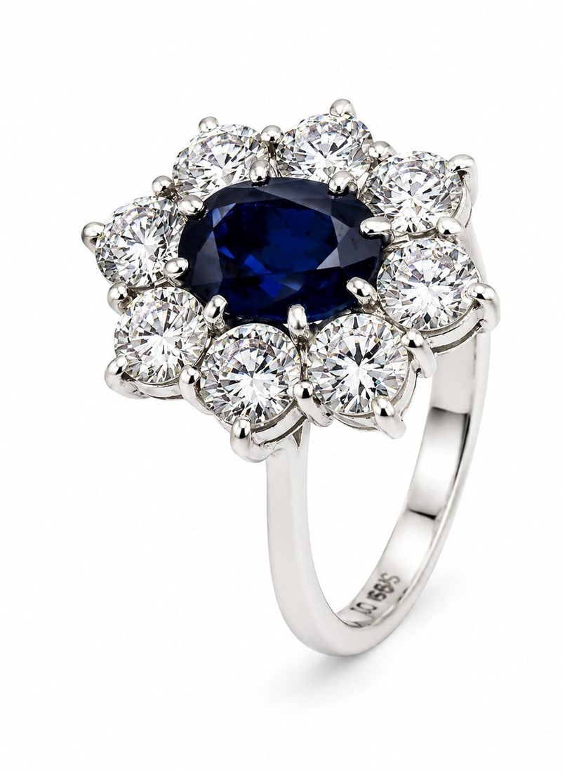 18K White Gold Ring: This exquisite 18K white gold ring showcases a oval-cut sapphire at its center, surrounded by eight brilliant round-cut diamonds. The elegant design enhances the deep blue hue of the sapphire, creatin