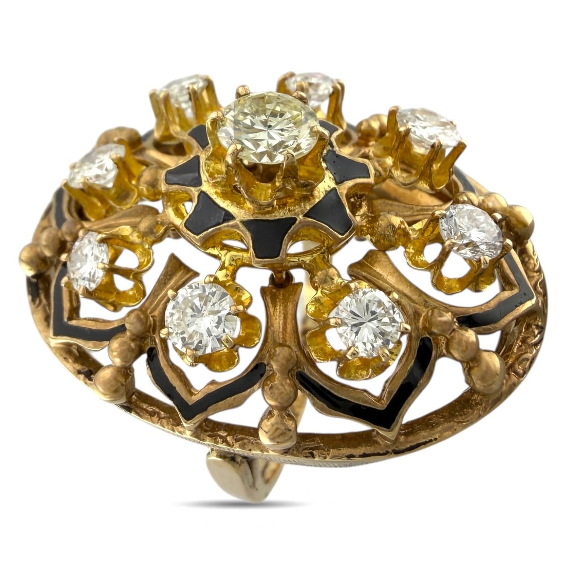 14K Yellow Gold Enamel and Diamond Cocktail Ring: 14K Yellow Gold Enamel 2.00ct Diamond Cocktail Ring An elegant and eye catching cocktail ring crafted in yellow gold with rich black enamel detailing and an ornate floral inspired design. The bold