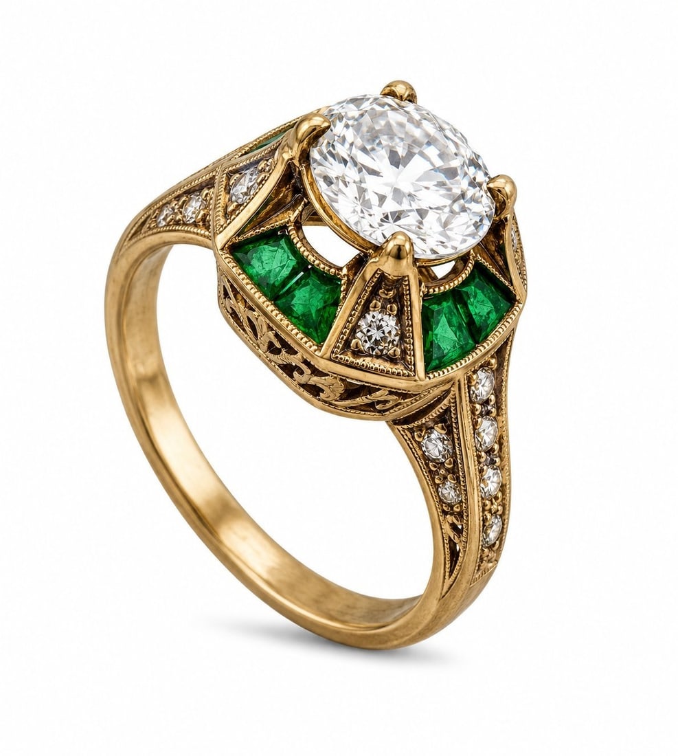 18K Yellow Gold Vintage 2.16ct Diamond and Emerald Ring: 18K Yellow Gold Vintage 2.16ct Diamond and Emerald Ring A refined vintage yellow gold ring designed with a large central round cut diamond, framed by emerald detail and surrounded by diamond accents. 