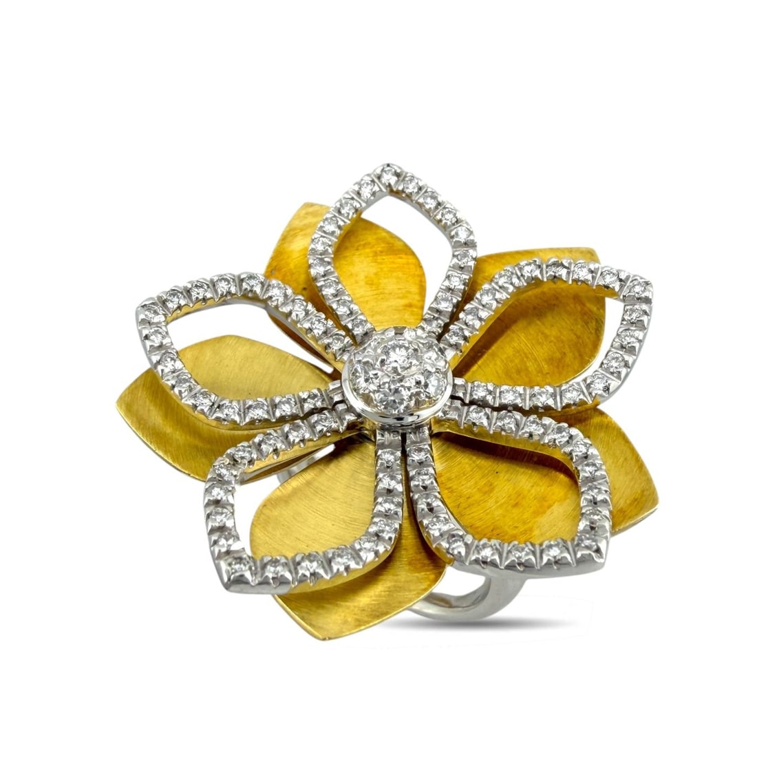 18K White and Yellow Gold Piero Milano Movable Petal Diamond Ring: 18K White and Yellow Gold Piero Milano Movable Petal Diamond Ring A beautifully made Piero Milano ring crafted in 18 karat white and yellow gold, designed as a flower with movable petals. The sculptur