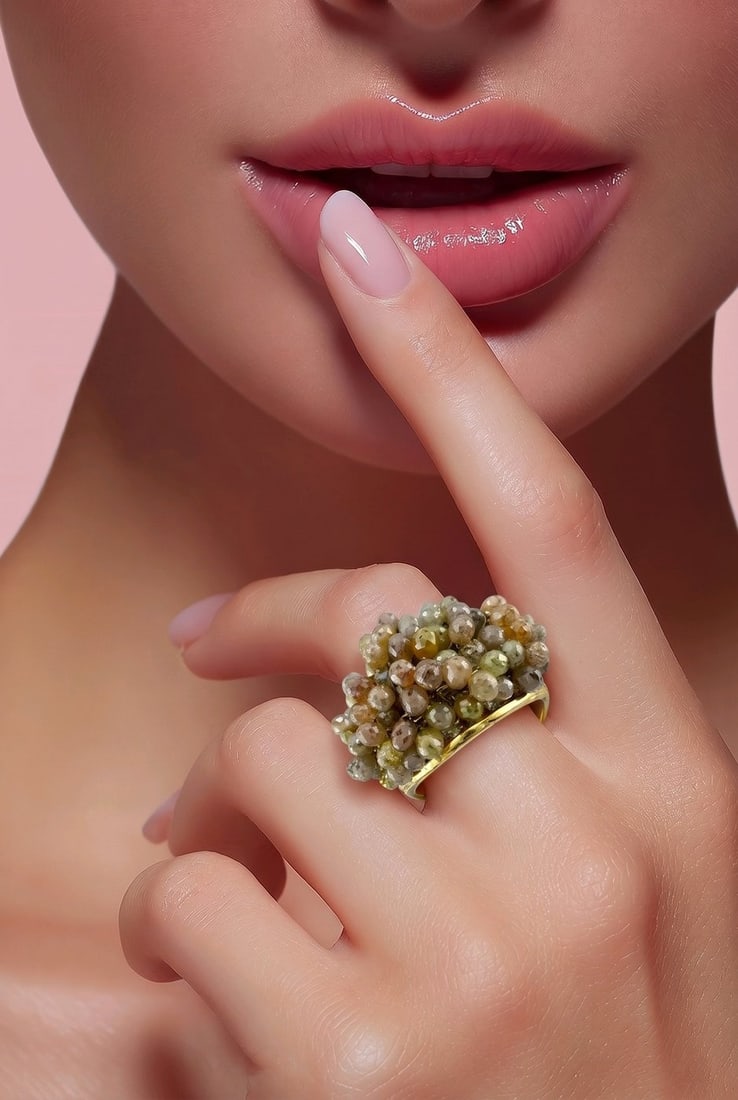 18K Yellow Gold 1.01ct Diamond and Multi Gem Cocktail Ring: 18K Yellow Gold 1.01ct Diamond and Multi Gem Cocktail Ring A bold sculptural rings featuring a vibrant arrangement of colorful gemstones at the top, complemented by rows of raw diamond beads set along