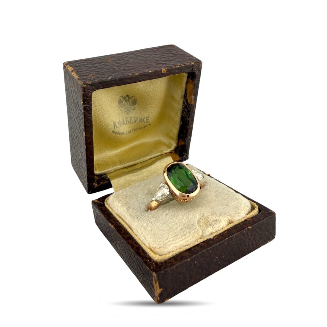 14K Rose Gold Imperial Russian Green 2.25ct Tourmaline and 0.70ct Diamond Ring: 14K Rose Gold Imperial Russian Green 2.25ct Tourmaline and 0.70ct Diamond Ring A rare Imperial Russian ring by the House of Faberge, crafted in rose gold and centered with a cushion cut green tourmali