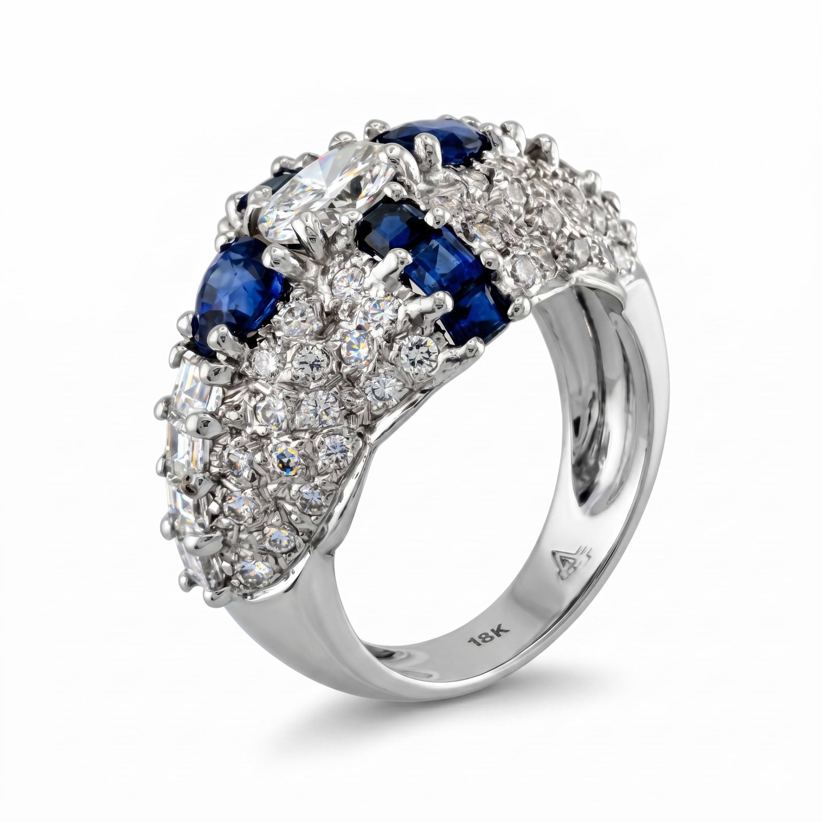 18K White Gold 1.82ct Diamond and Sapphire Ring: 18K White Gold 1.82ct Diamond and Sapphire Ring A striking and elegant design, this 18K white gold ring showcases a sophisticated mix of diamond cuts and sapphire shapes that create a captivating play