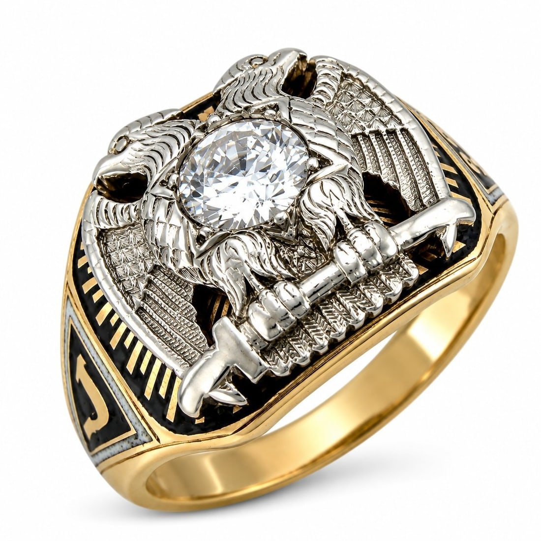 Royal Secret Masonic Ring: 14k Gold Masonic Scotish Rite Diamond Ring 0.65ct A distinctive vintage ring crafted in yellow gold with a bold center diamond framed by two eagle motifs facing back to back. The sculptural design