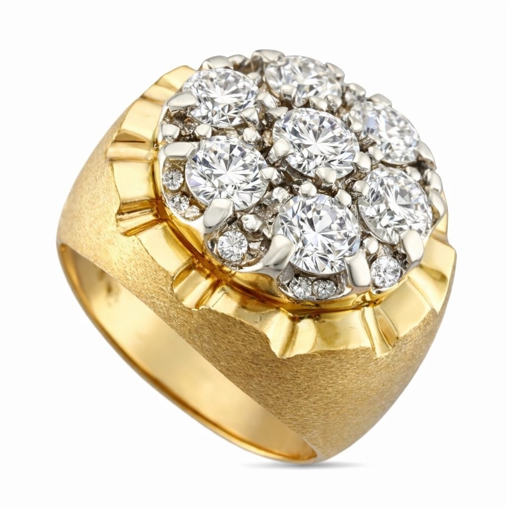 14K Yellow Gold Bold 2ct Diamond Cluster Ring: 14K Yellow Gold Bold 2ct Diamond Cluster Ring A striking and substantial statement ring crafted in rich 14K yellow gold, showcasing a powerful cluster arrangement of brilliant round diamonds. Six