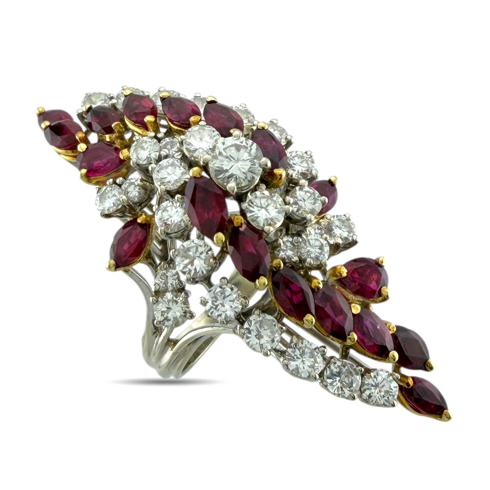 18K White Gold 2.86ct Diamond and Ruby Statement Ring: 18K White Gold 2.86ct Diamond and Ruby Statement Ring An impressive and architectural statement ring crafted in luminous 18 karat white gold. The design rises in a dramatic build toward a central peak
