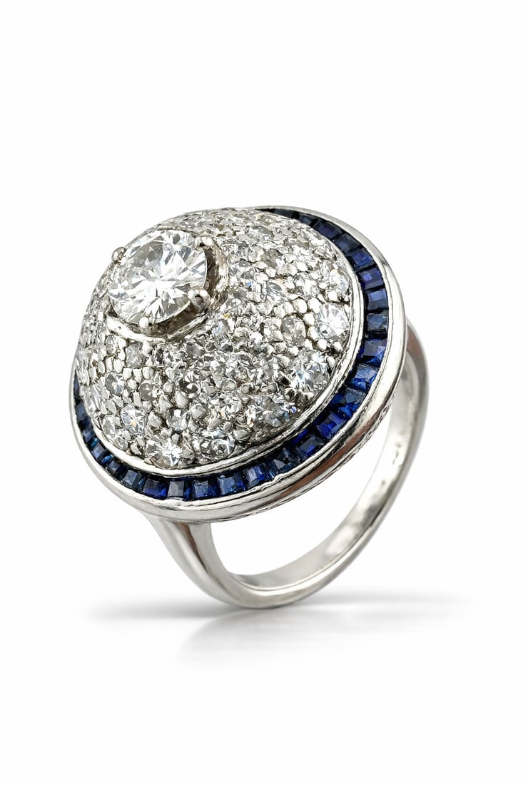 Platinum and Diamond French Art Deco Ring: Elegant French Art Deco Platinum and Diamond Ring A captivating piece from the golden age of Art Deco, this French platinum ring showcases a stunning interplay of geometry and brilliance. Designed
