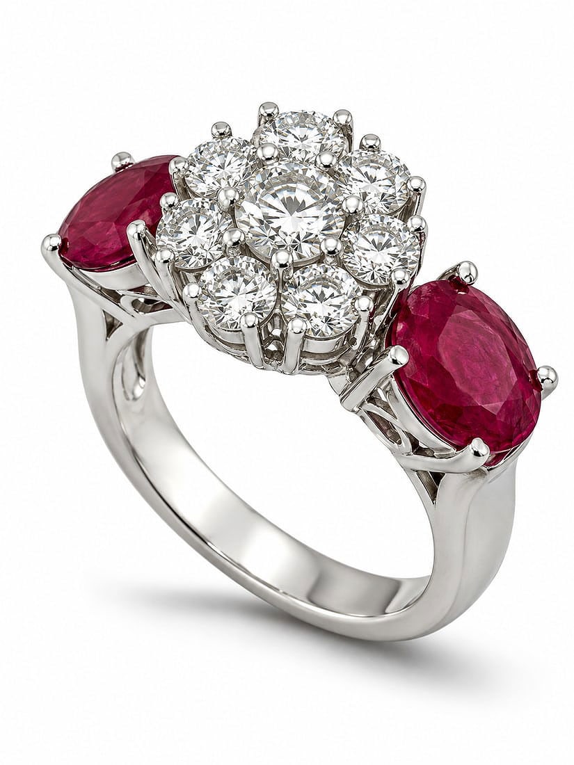 Platinum Ring: Platinum Ring with 5.1 Carats of Rubies and 1.01 Carats of Diamonds A remarkable antique treasure, this women's ring exemplifies the elegance of platinum craftsmanship. At its heart lie two extraordin