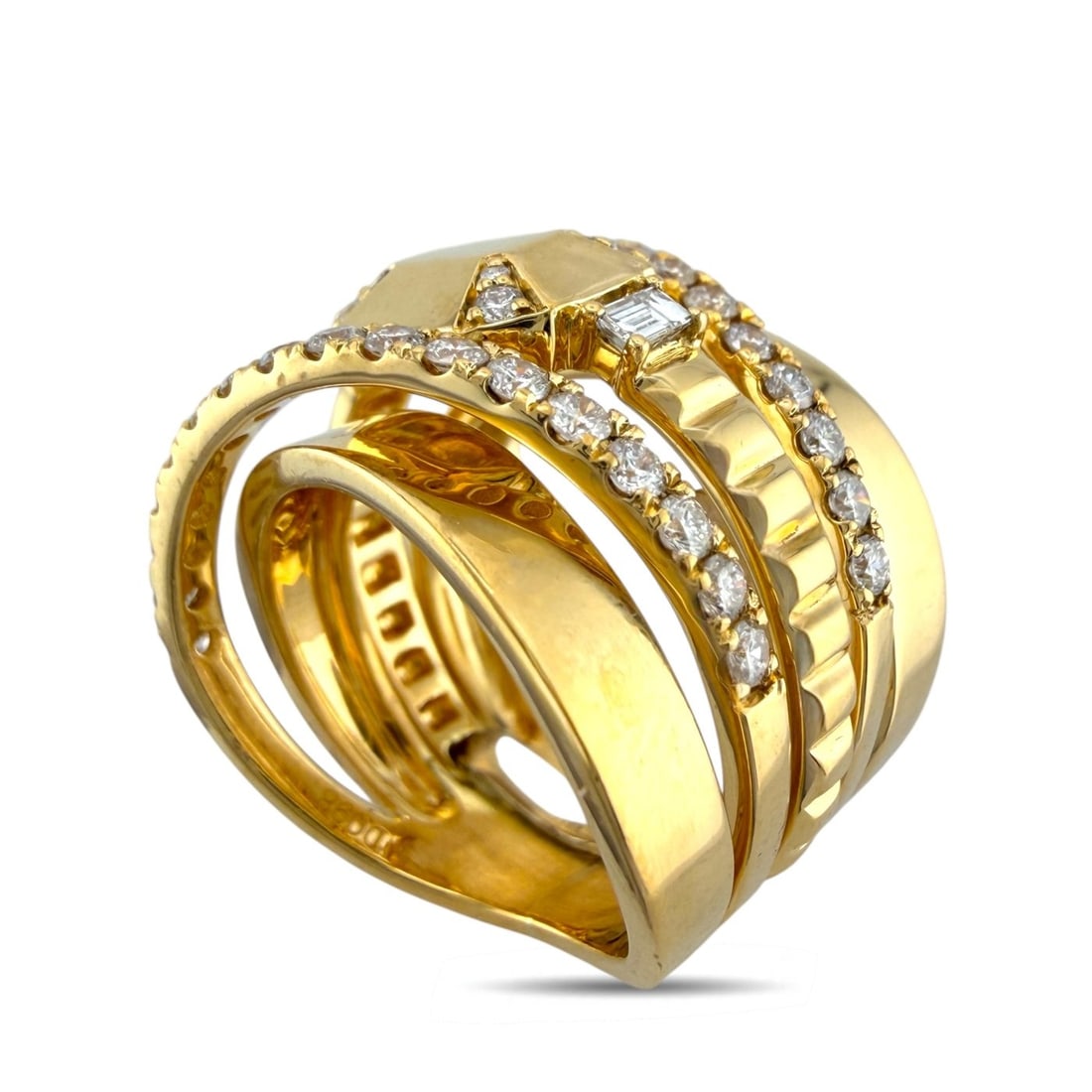 18K Yellow Gold 0.6ct Diamond Modern Abstract Ring: 18K Yellow Gold 0.6ct Diamond Modern Abstract Ring A contemporary and artistic creation, this ring features an abstract bolted motif brought to life through sculptural goldwork and a refined