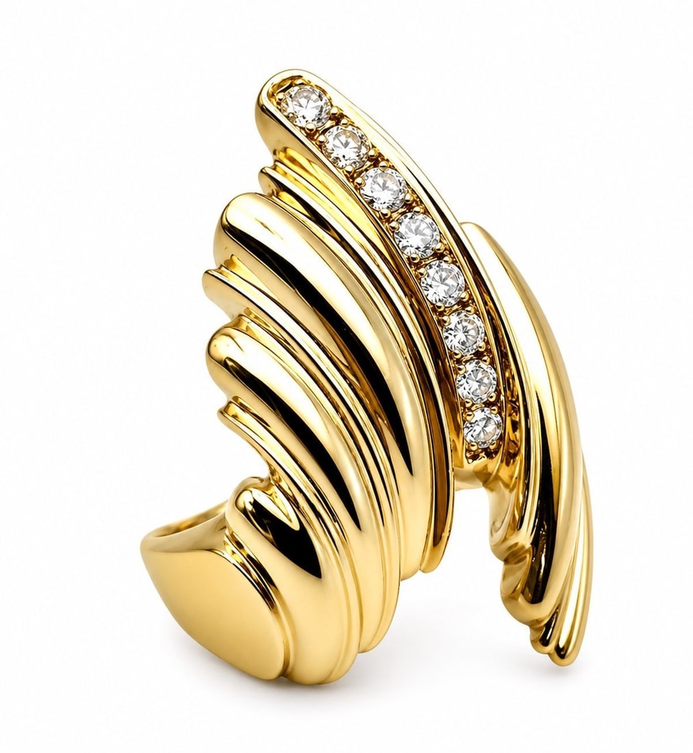 Large 18K Yellow Gold Ring: Women's Large 18K Yellow Gold Ring with Diamonds Diamonds: 8 Round Diamonds, Total 0.34 Carats Size: 55 EU/ US 7 Weight: 11 Grams Condition: Excellent Ring Size - 55 (EU) / 15 (IT) / 7 ¼ (US) L