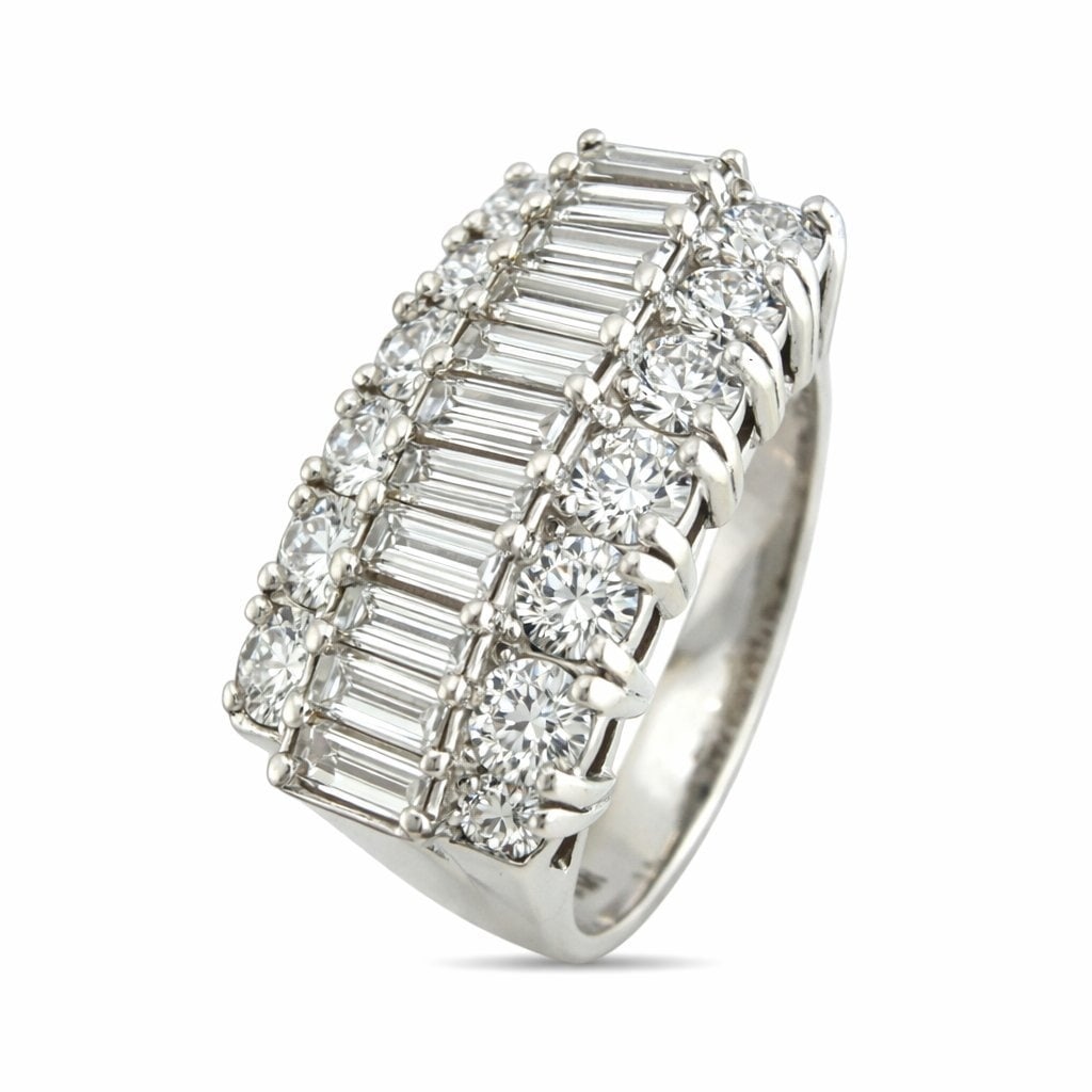 18K White Gold Multi Row 2.30ct Diamond Statement Ring: 18K White Gold Multi Row 2.30ct Diamond Statement Ring A bold and commanding design featuring a central row of rectangular cut diamonds framed by rows of brilliant round diamonds on each side. The str